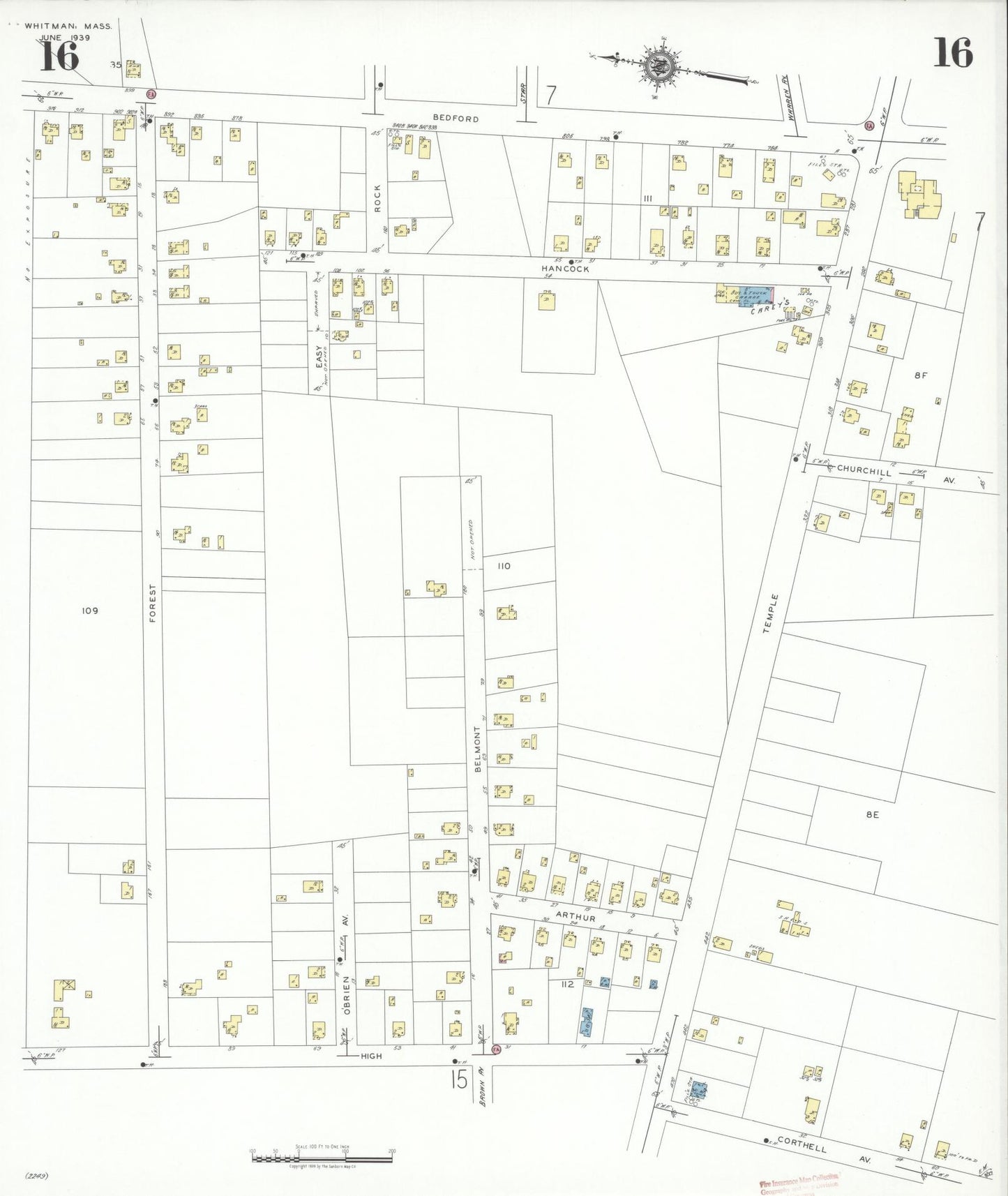 Sanborn Fire Insurance Map from Whitman, Plymouth County, Massachusetts (1939), Sheet #0016 - Complete Map Set gallery image, historic Sanborn map, vintage wall art, Massachusetts Massachusetts