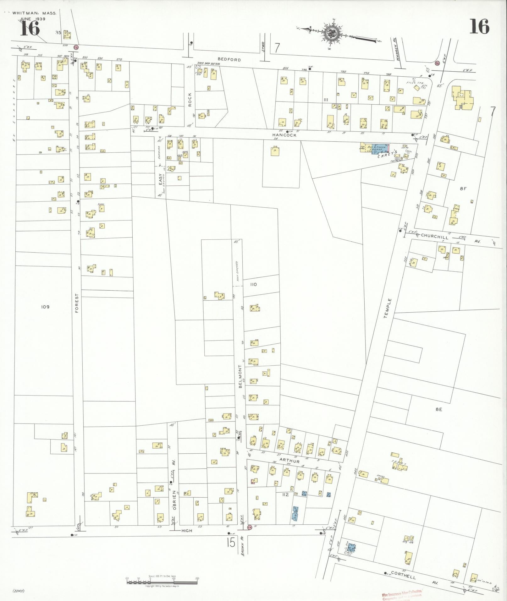 Sanborn Fire Insurance Map from Whitman, Plymouth County, Massachusetts (1939), Sheet #0016 - Complete Map Set gallery image, historic Sanborn map, vintage wall art, Massachusetts Massachusetts
