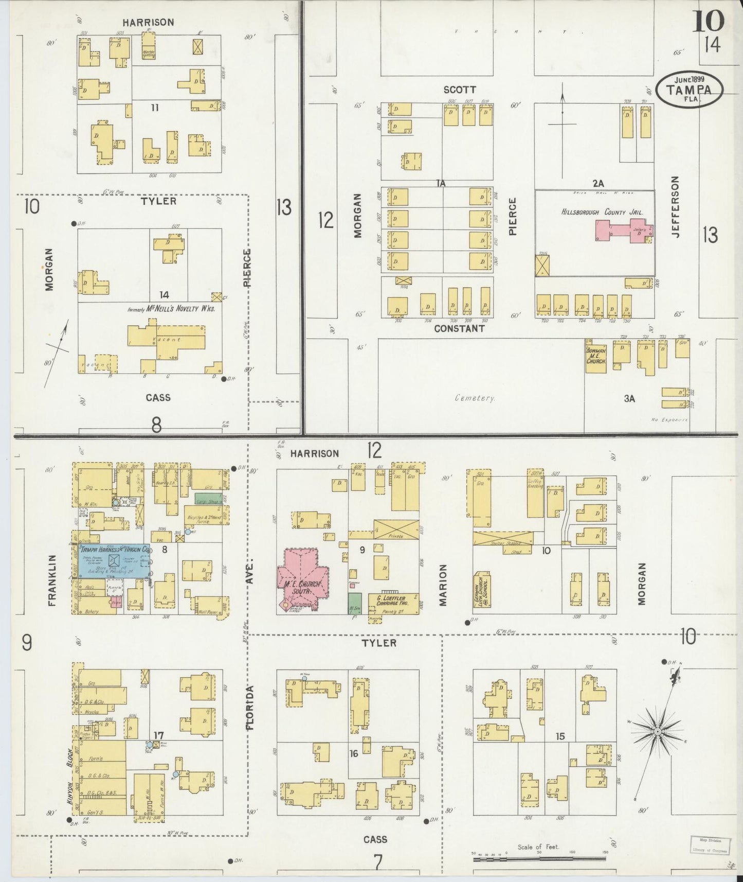 Sanborn Fire Insurance Map from Tampa, Hillsborough County, Florida (1899), Sheet #0010 - Historic Sanborn Fire Insurance Map Print, vintage old map wall art, antique decor, genealogy gift, Florida Florida map