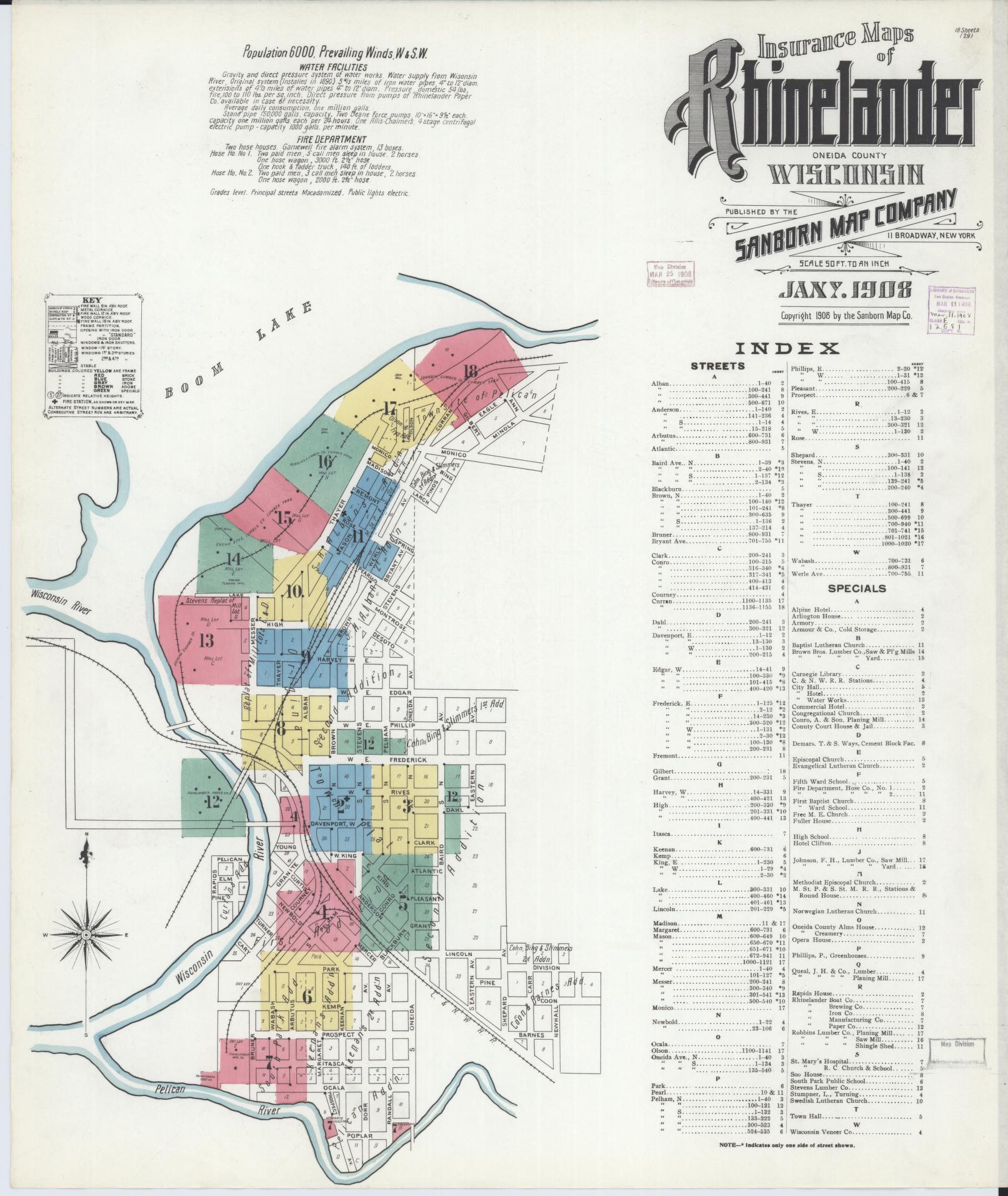 Sanborn Fire Insurance Map from Rhinelander, Oneida County, Wisconsin (1908), Sheet #0001 - Historic Sanborn Fire Insurance Map Print, vintage old map wall art, antique decor, genealogy gift, Wisconsin Wisconsin map