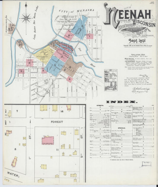 Sanborn Fire Insurance Map from Neenah, Winnebago County, Wisconsin (1891), Sheet #0001 - Historic Sanborn Fire Insurance Map Print, vintage old map wall art, antique decor, genealogy gift, Wisconsin Wisconsin map