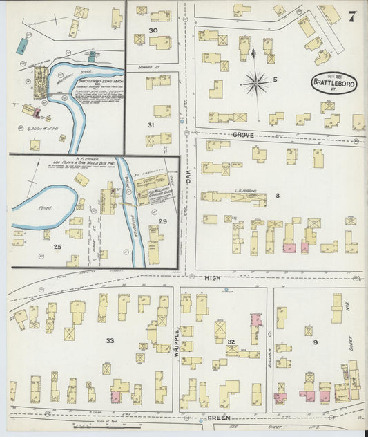 Sanborn Fire Insurance Map from Brattleboro, Windham County, Vermont (1891), Sheet #0007 - Historic Sanborn Fire Insurance Map Print, vintage old map wall art, antique decor, genealogy gift, Vermont Vermont map