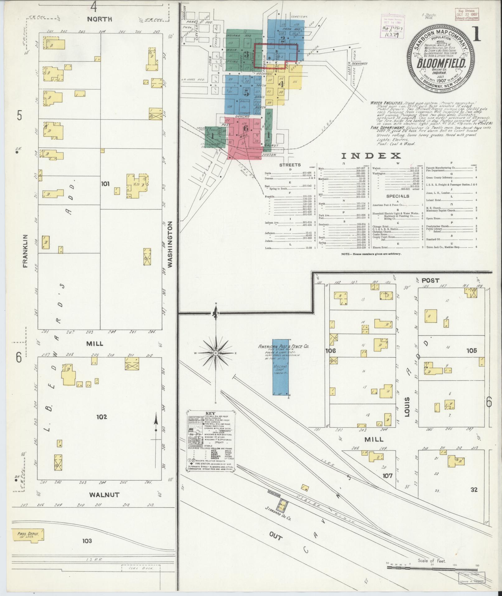 Sanborn Fire Insurance Map from Bloomfield, Greene County, Indiana (1907), Sheet #0001 - Historic Sanborn Fire Insurance Map Print, vintage old map wall art, antique decor, genealogy gift, Indiana Indiana map