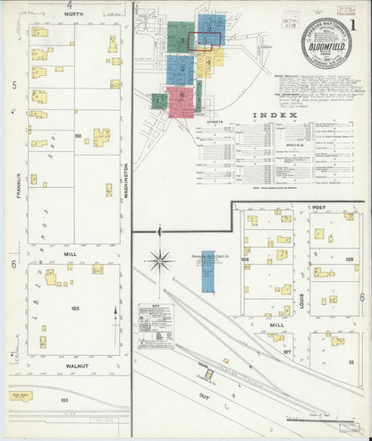 Sanborn Fire Insurance Map from Bloomfield, Greene County, Indiana (1907), Sheet #0001 - Historic Sanborn Fire Insurance Map Print, vintage old map wall art, antique decor, genealogy gift, Indiana Indiana map