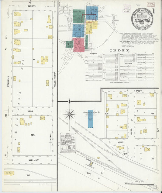 Sanborn Fire Insurance Map from Bloomfield, Greene County, Indiana (1907), Sheet #0001 - Historic Sanborn Fire Insurance Map Print, vintage old map wall art, antique decor, genealogy gift, Indiana Indiana map