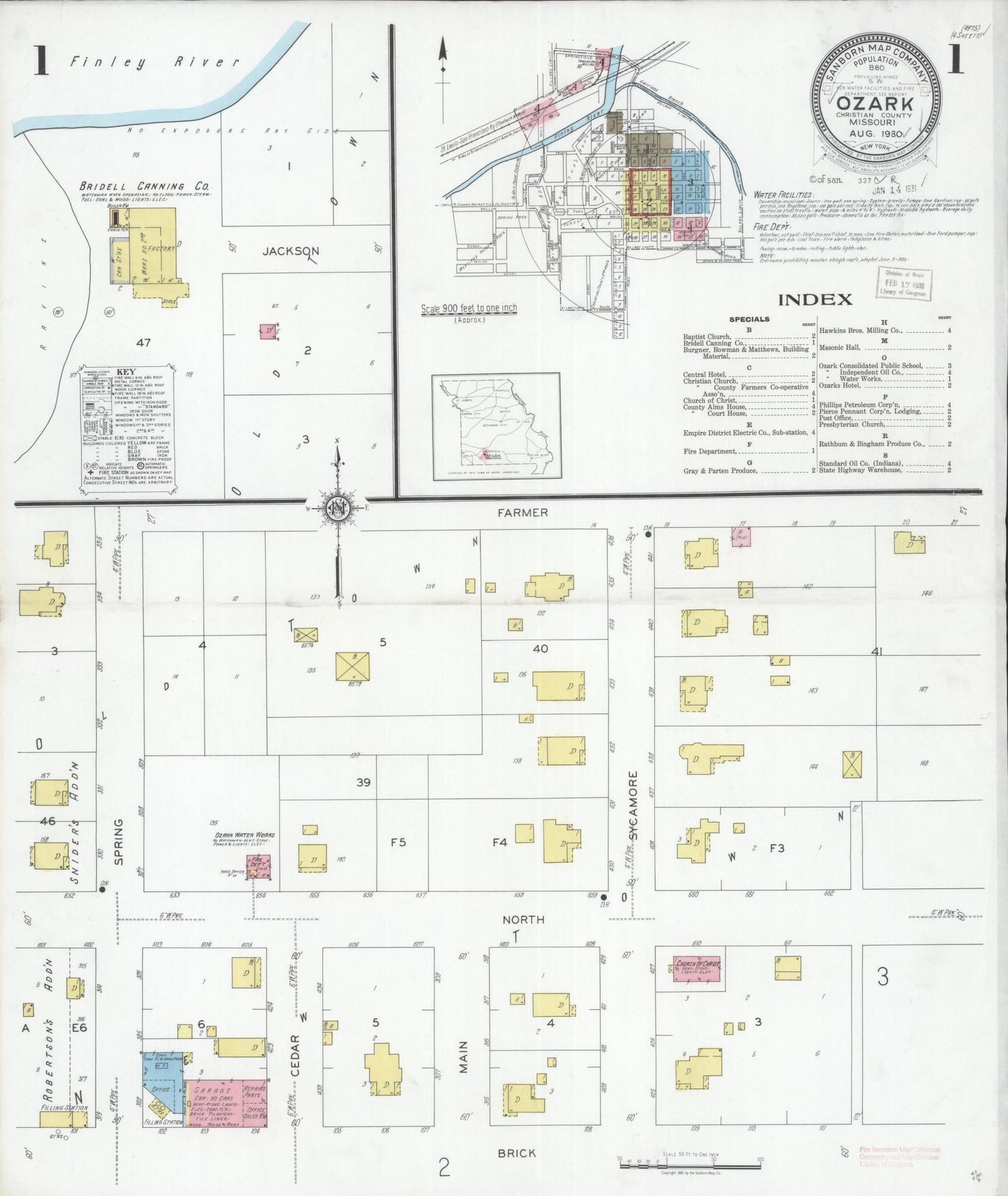 Sanborn Fire Insurance Map from Ozark, Christian County, Missouri (1930), Sheet #0001 - Historic Sanborn Fire Insurance Map Print, vintage old map wall art, antique decor, genealogy gift, Missouri Missouri map