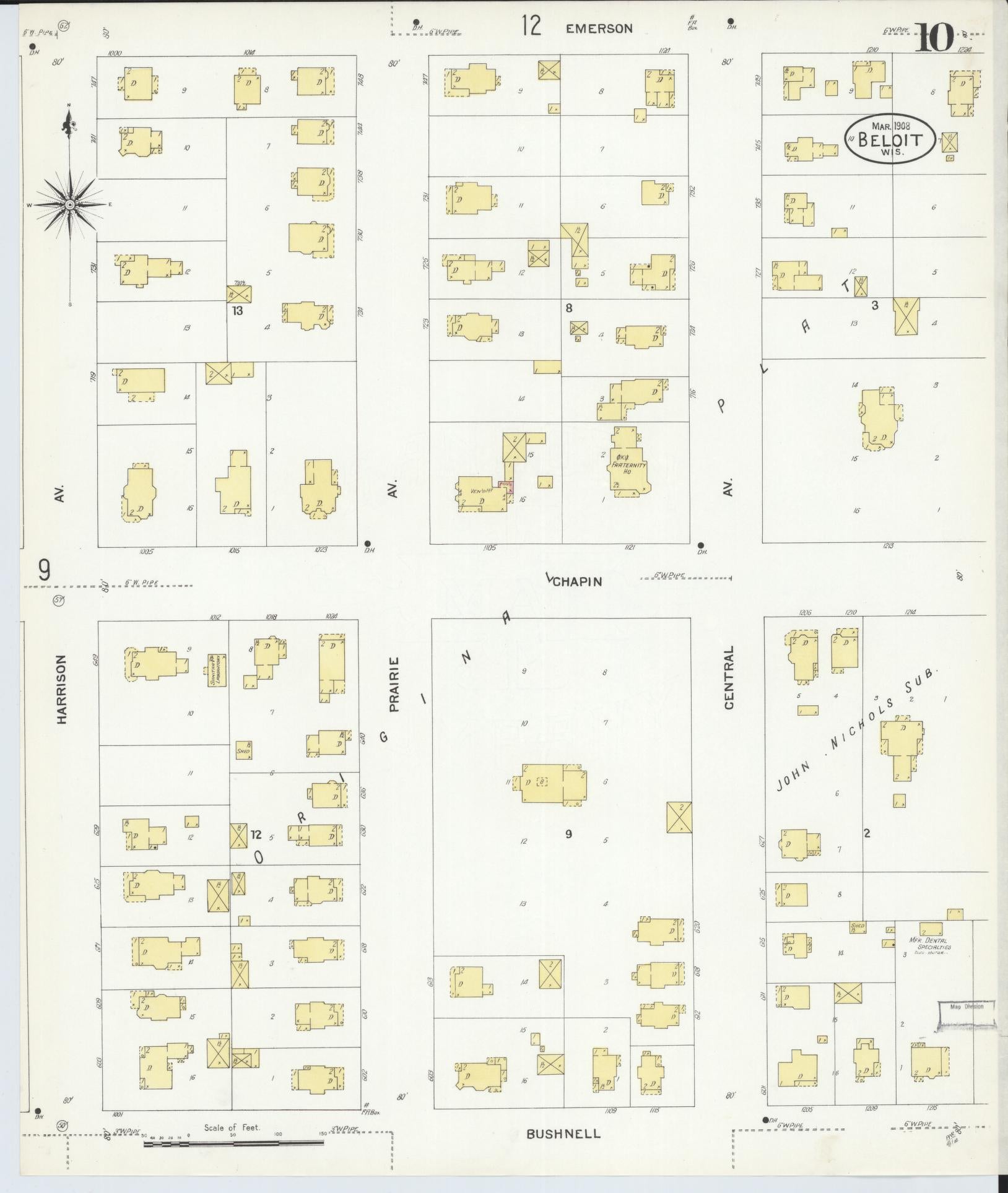 Sanborn Fire Insurance Map from Beloit, Rock County, Wisconsin (1908), Sheet #0010 - Complete Map Set gallery image, historic Sanborn map, vintage wall art, Wisconsin Wisconsin