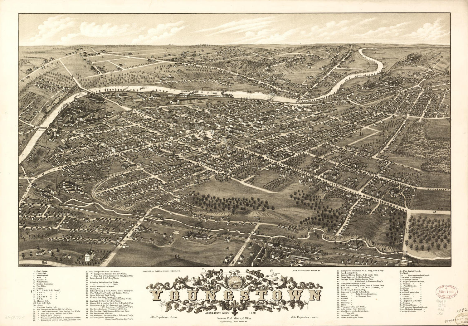 Panoramic view of the city of Youngstown, county seat of Mahoning Co., Ohio (1882) – Historic Bird’s-Eye View Panorama Print