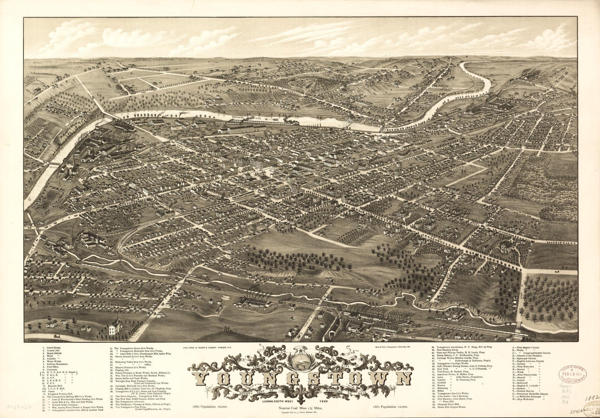 Panoramic view of the city of Youngstown, county seat of Mahoning Co., Ohio (1882) – Historic Bird’s-Eye View Panorama Print