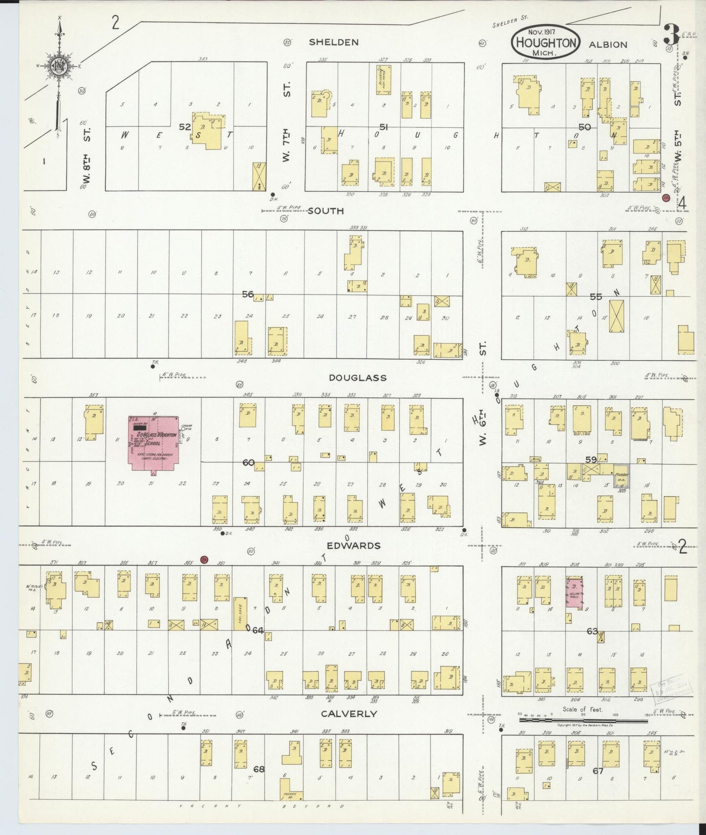 Sanborn Fire Insurance Map from Houghton, Houghton County, Michigan (1917), Sheet #0003 - Complete Map Set gallery image, historic Sanborn map, vintage wall art, Michigan Michigan