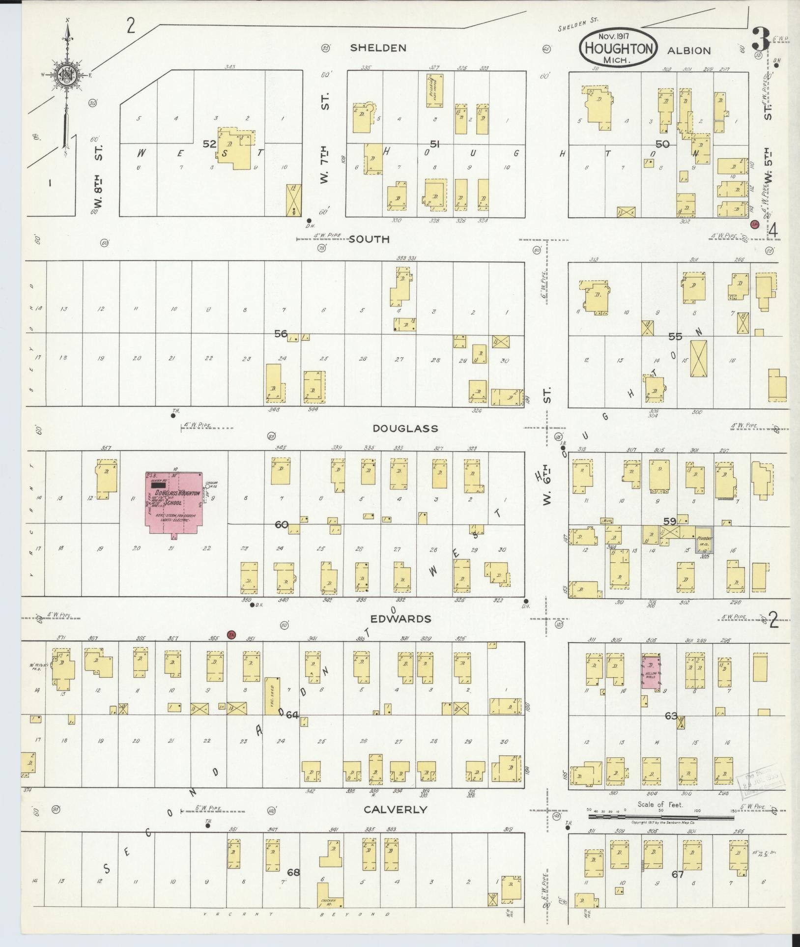 Sanborn Fire Insurance Map from Houghton, Houghton County, Michigan (1917), Sheet #0003 - Complete Map Set gallery image, historic Sanborn map, vintage wall art, Michigan Michigan