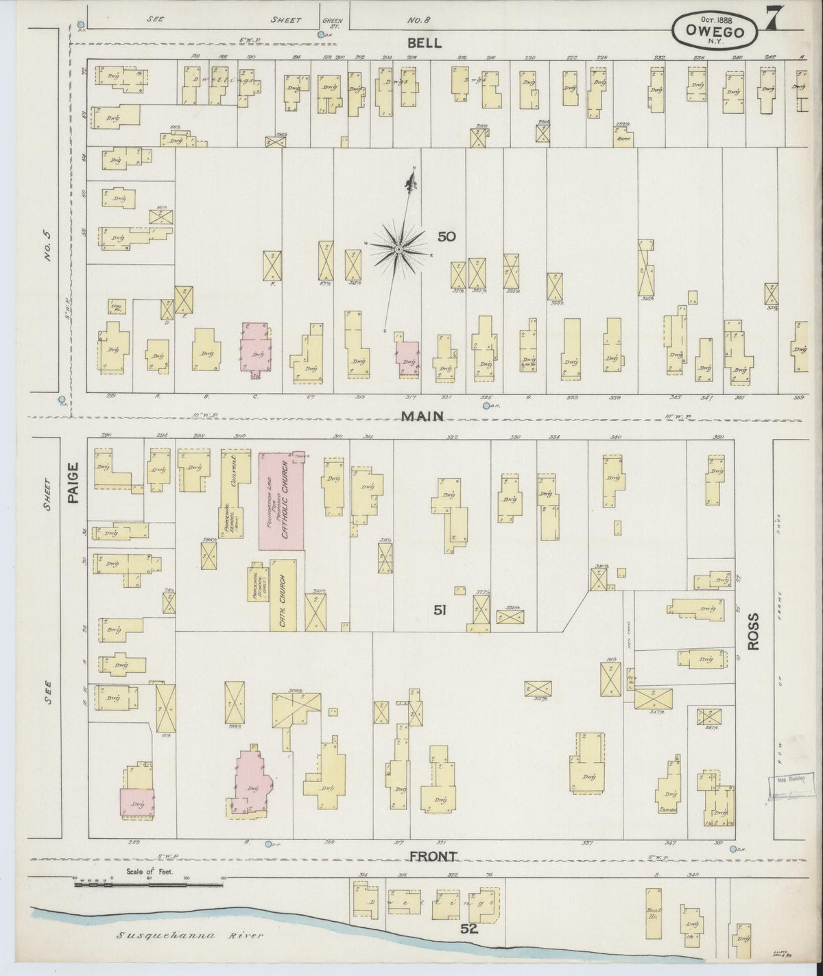 Sanborn Fire Insurance Map from Owego, Tioga County, New York (1888), Sheet #0007 - Historic Sanborn Fire Insurance Map Print, vintage old map wall art, antique decor, genealogy gift, New York New York map