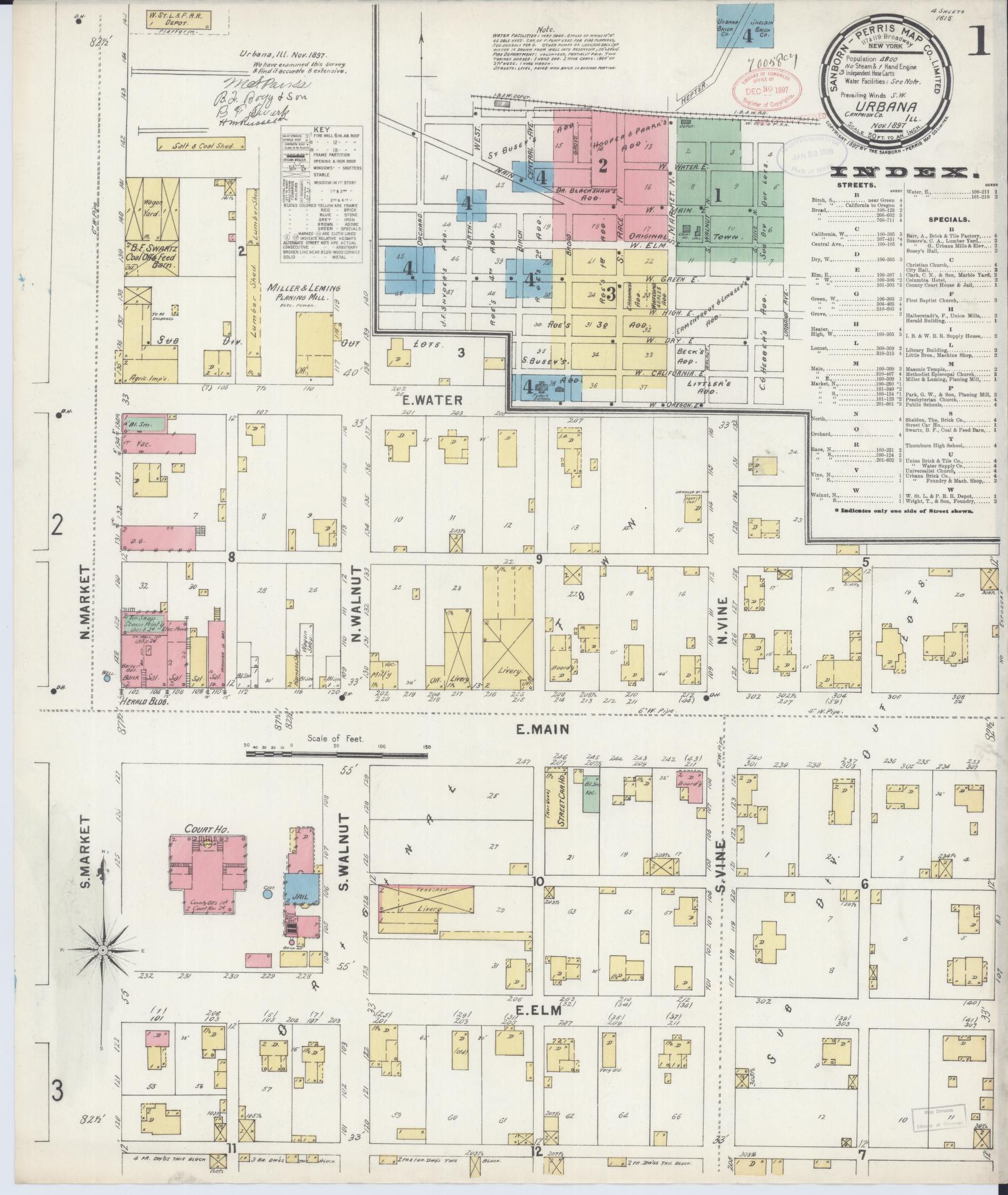 Sanborn Fire Insurance Map from Urbana, Champaign County, Illinois (1897), Sheet #0001 - Complete Map Set gallery image, historic Sanborn map, vintage wall art, Illinois Illinois