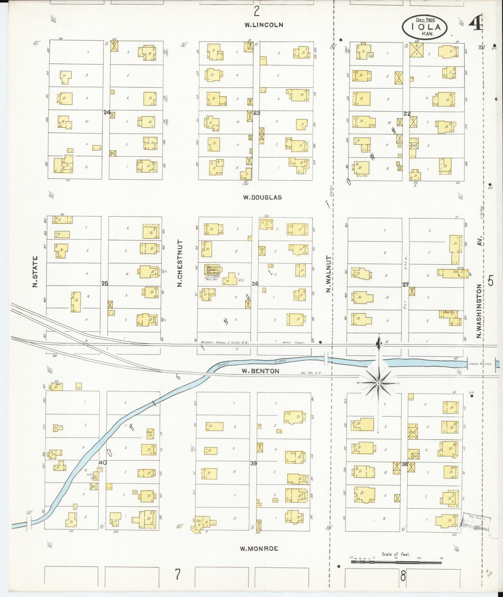 Sanborn Fire Insurance Map from Iola, Allen County, Kansas (1905), Sheet #0004 - Complete Map Set gallery image, historic Sanborn map, vintage wall art, Kansas Kansas