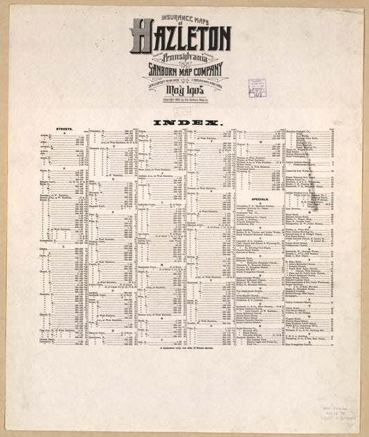 Sanborn Fire Insurance Map from Hazleton, Luzerne County, Pennsylvania (1905), Sheet #0001 - Historic Sanborn Fire Insurance Map Print, vintage old map wall art, antique decor, genealogy gift, Pennsylvania Pennsylvania map
