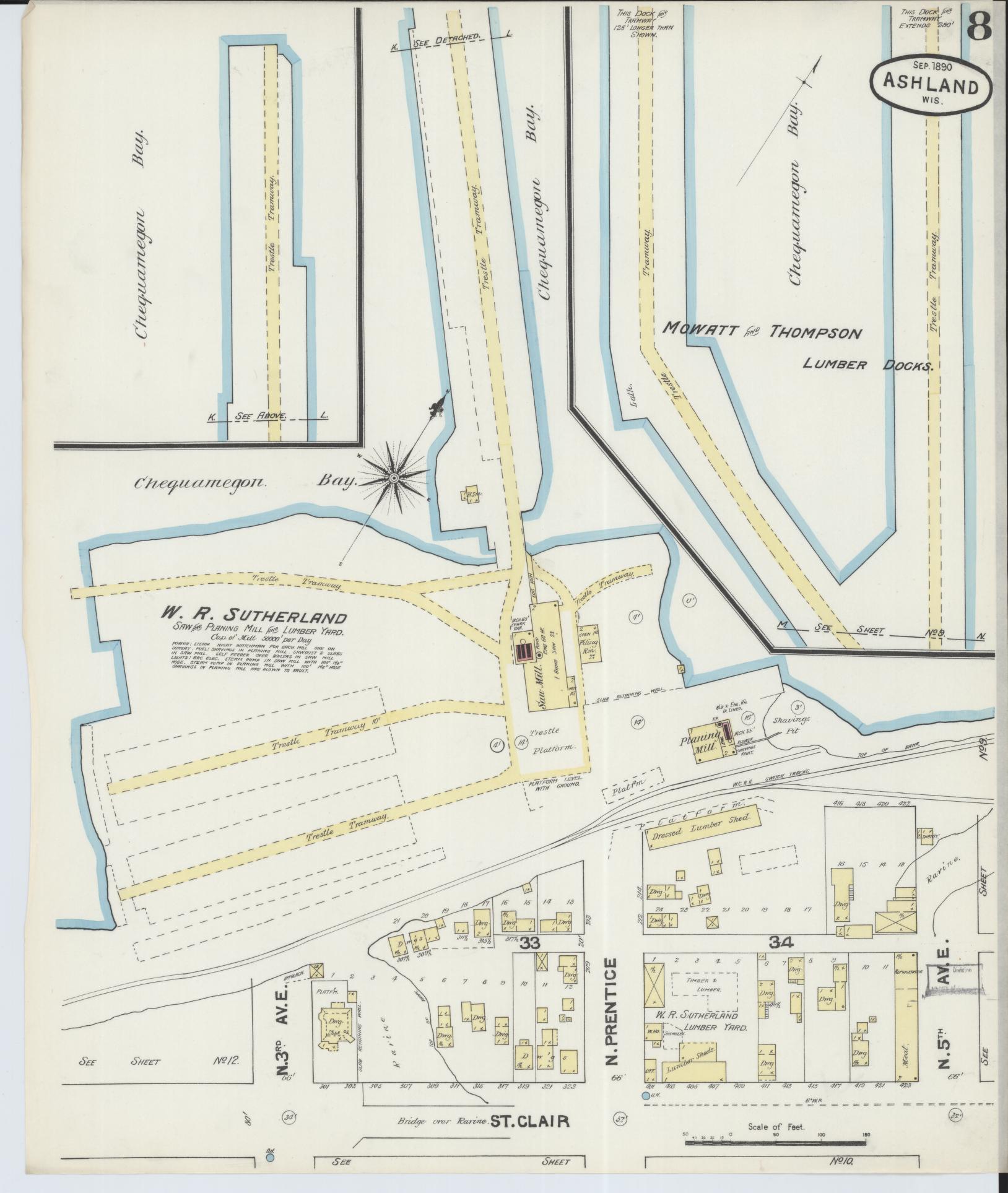 Sanborn Fire Insurance Map from Ashland, Ashland County, Wisconsin (1890), Sheet #0008 - Historic Sanborn Fire Insurance Map Print, vintage old map wall art, antique decor, genealogy gift, Wisconsin Wisconsin map