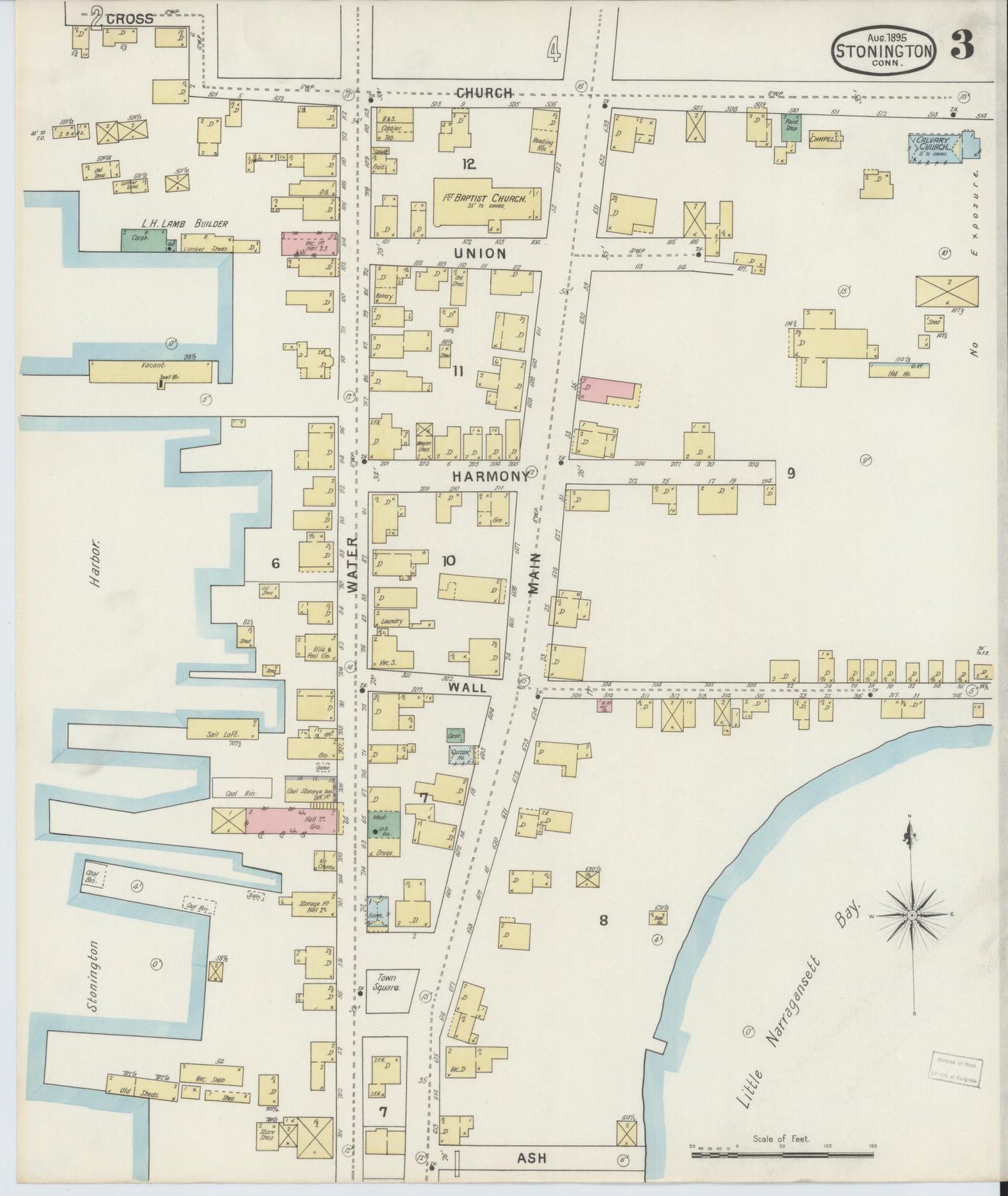 Sanborn Fire Insurance Map from Stonington, New London County, Connecticut (1895), Sheet #0003 - Complete Map Set gallery image, historic Sanborn map, vintage wall art, Connecticut Connecticut