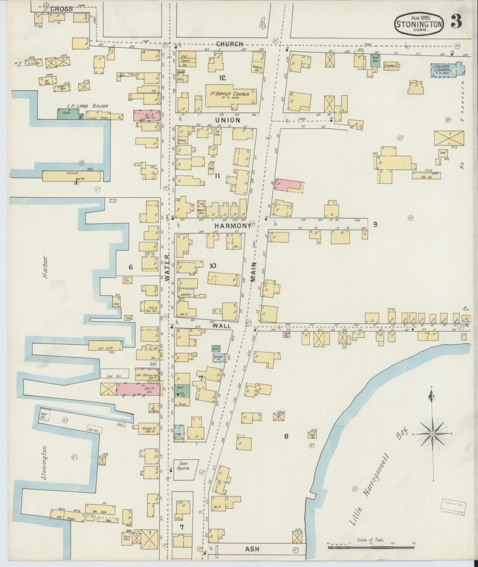 Sanborn Fire Insurance Map from Stonington, New London County, Connecticut (1895), Sheet #0003 - Complete Map Set gallery image, historic Sanborn map, vintage wall art, Connecticut Connecticut