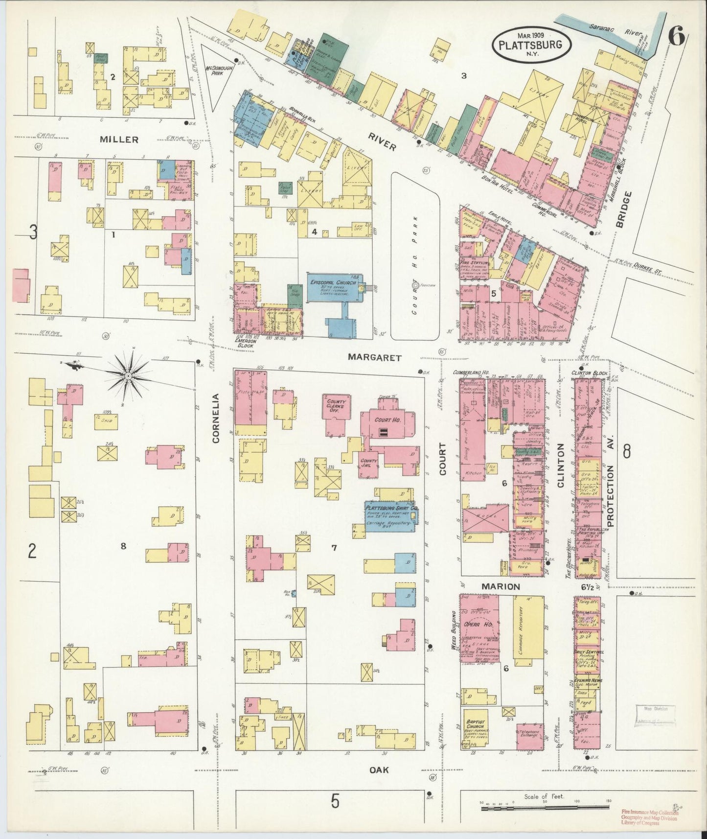 Sanborn Fire Insurance Map from Plattsburg, Clinton County, New York (1909), Sheet #0005 - Complete Map Set gallery image, historic Sanborn map, vintage wall art, New York New York