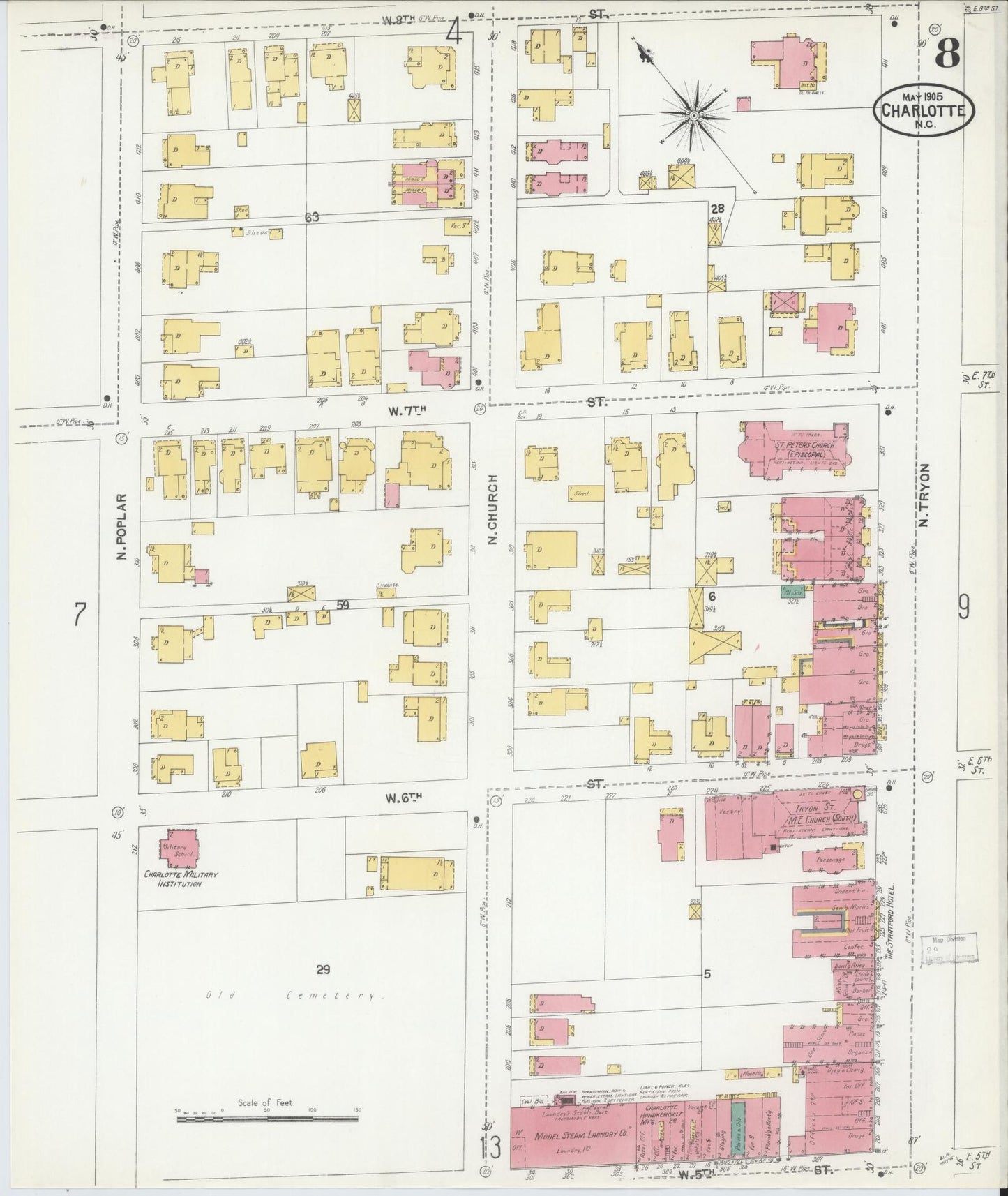 Sanborn Fire Insurance Map from Charlotte, Mecklenburg County, North Carolina (1905), Sheet #0008 - Complete Map Set gallery image, historic Sanborn map, vintage wall art, North Carolina North Carolina