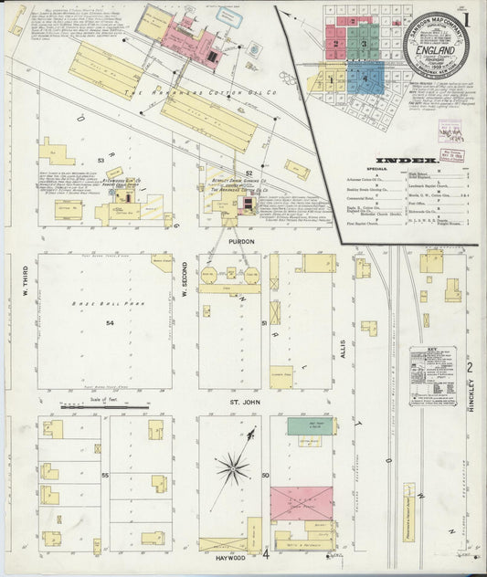 Sanborn Fire Insurance Map from England, Lonoke County, Arkansas (1909), Sheet #0001 - Complete Map Set gallery image, historic Sanborn map, vintage wall art, Arkansas Arkansas