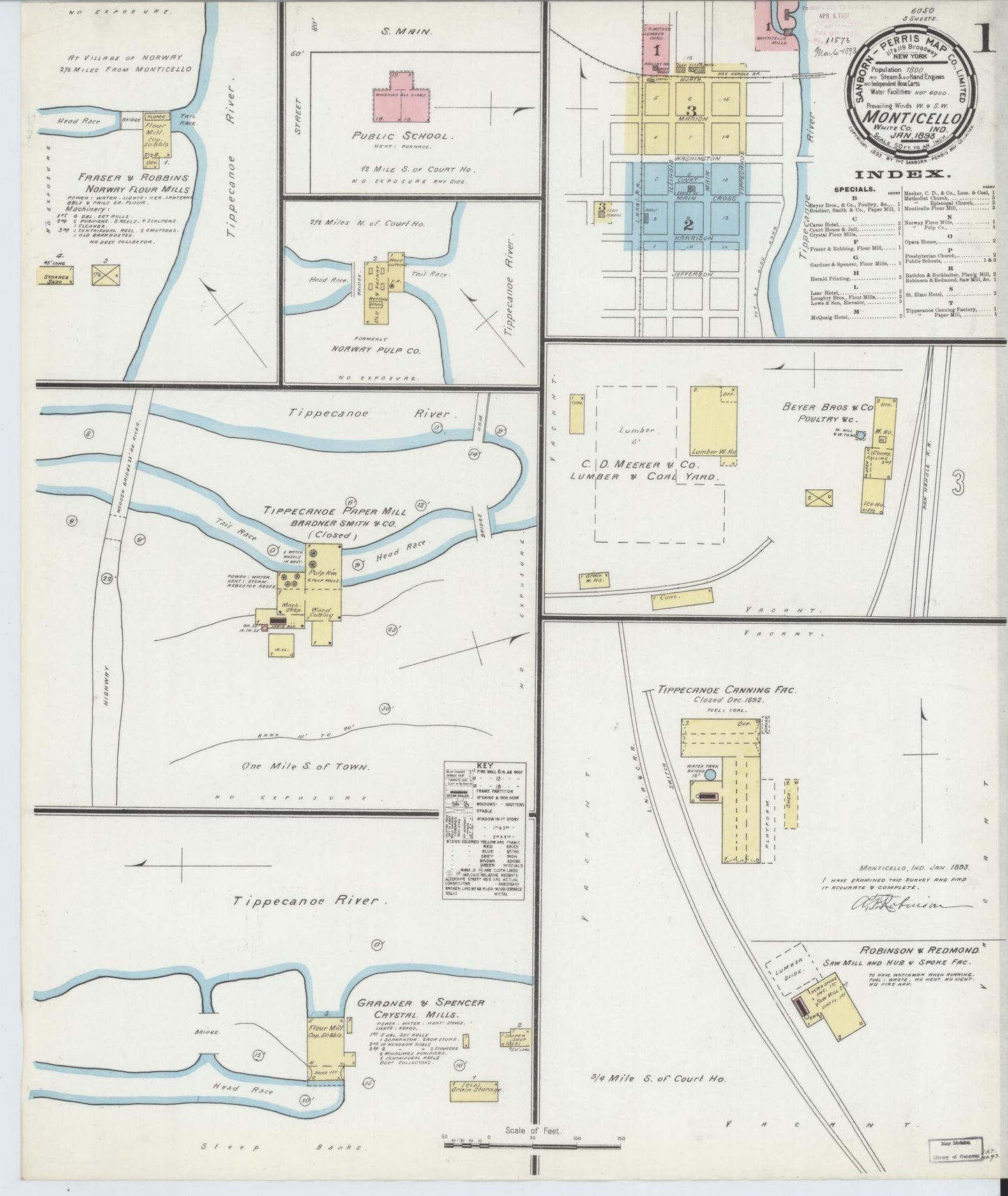 Sanborn Fire Insurance Map from Monticello, White County, Indiana (1893), Sheet #0001 - Historic Sanborn Fire Insurance Map Print, vintage old map wall art, antique decor, genealogy gift, Indiana Indiana map