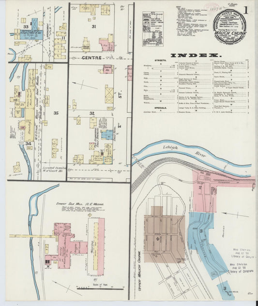 Sanborn Fire Insurance Map from Mauch Chunk, Carbon County, Pennsylvania (1891), Sheet #0001 - Historic Sanborn Fire Insurance Map Print, vintage old map wall art, antique decor, genealogy gift, Pennsylvania Pennsylvania map