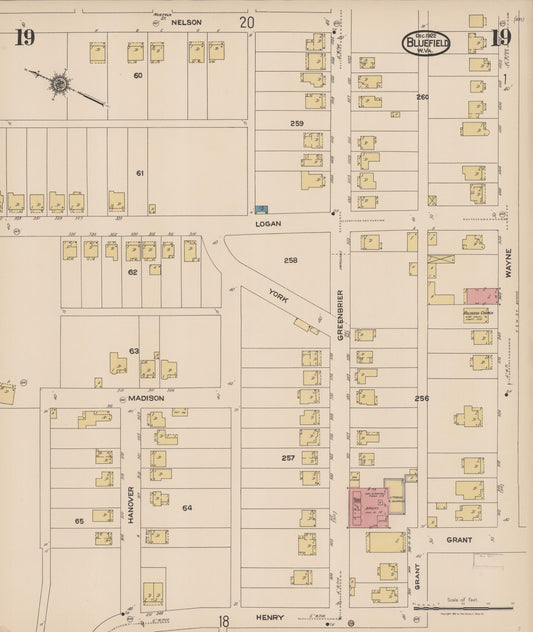 Sanborn Fire Insurance Map from Bluefield, Mercer County, West Virginia (1922), Sheet #0019 - Historic Sanborn Fire Insurance Map Print, vintage old map wall art, antique decor, genealogy gift, West Virginia West Virginia map