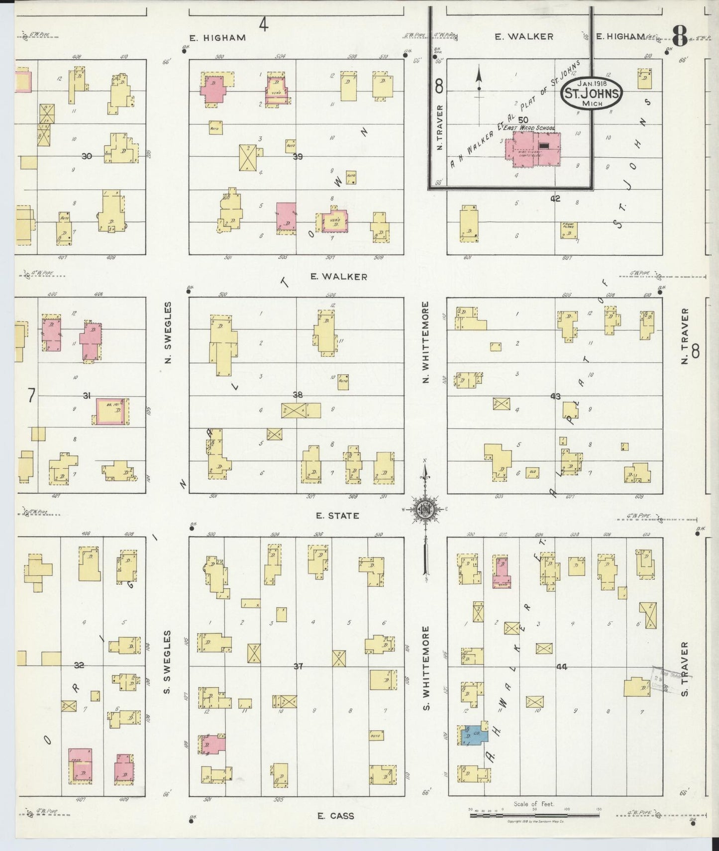 Sanborn Fire Insurance Map from Saint Johns, Clinton County, Michigan (1918), Sheet #0008 - Complete Map Set gallery image, historic Sanborn map, vintage wall art, Michigan Michigan