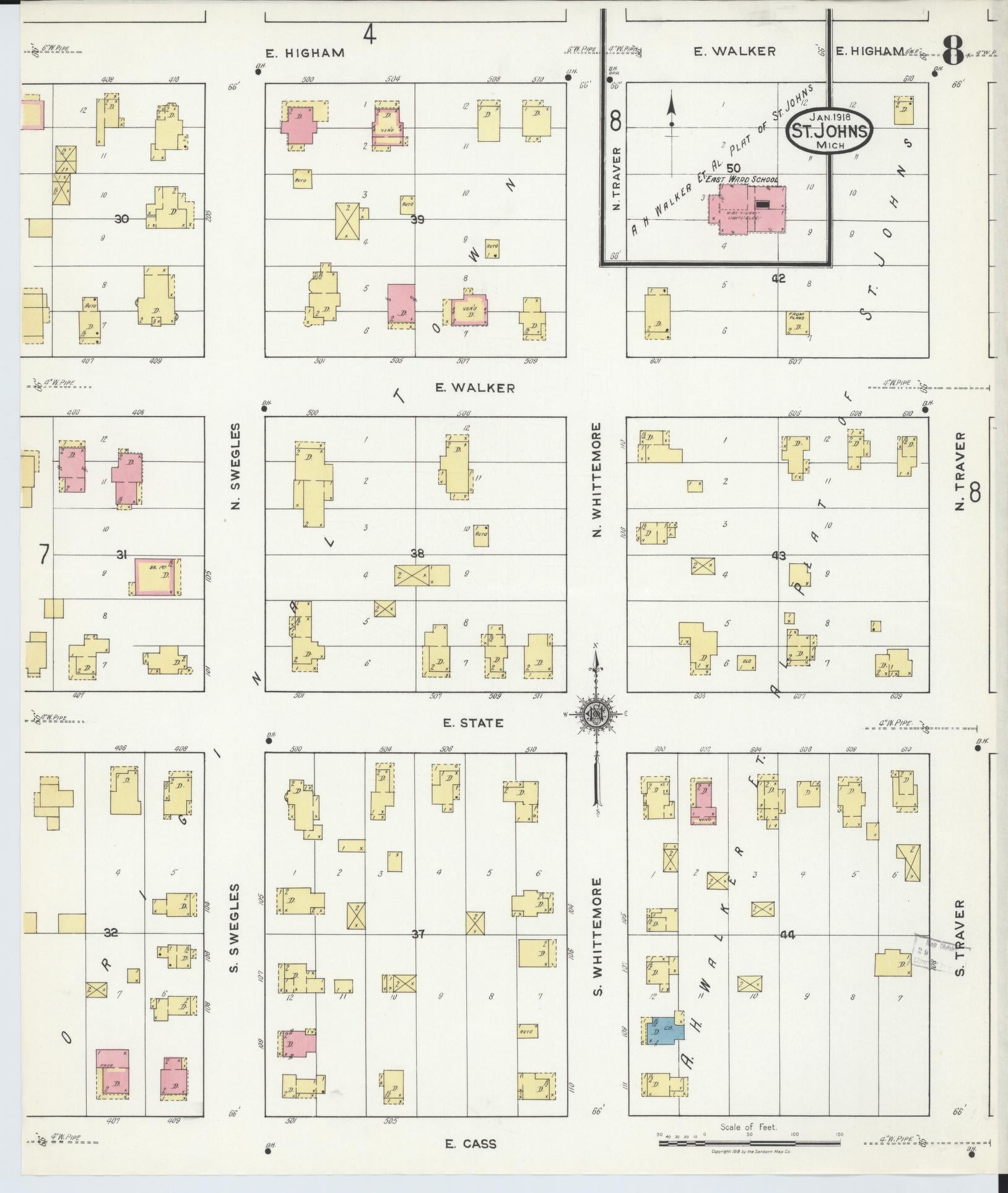 Sanborn Fire Insurance Map from Saint Johns, Clinton County, Michigan (1918), Sheet #0008 - Complete Map Set gallery image, historic Sanborn map, vintage wall art, Michigan Michigan