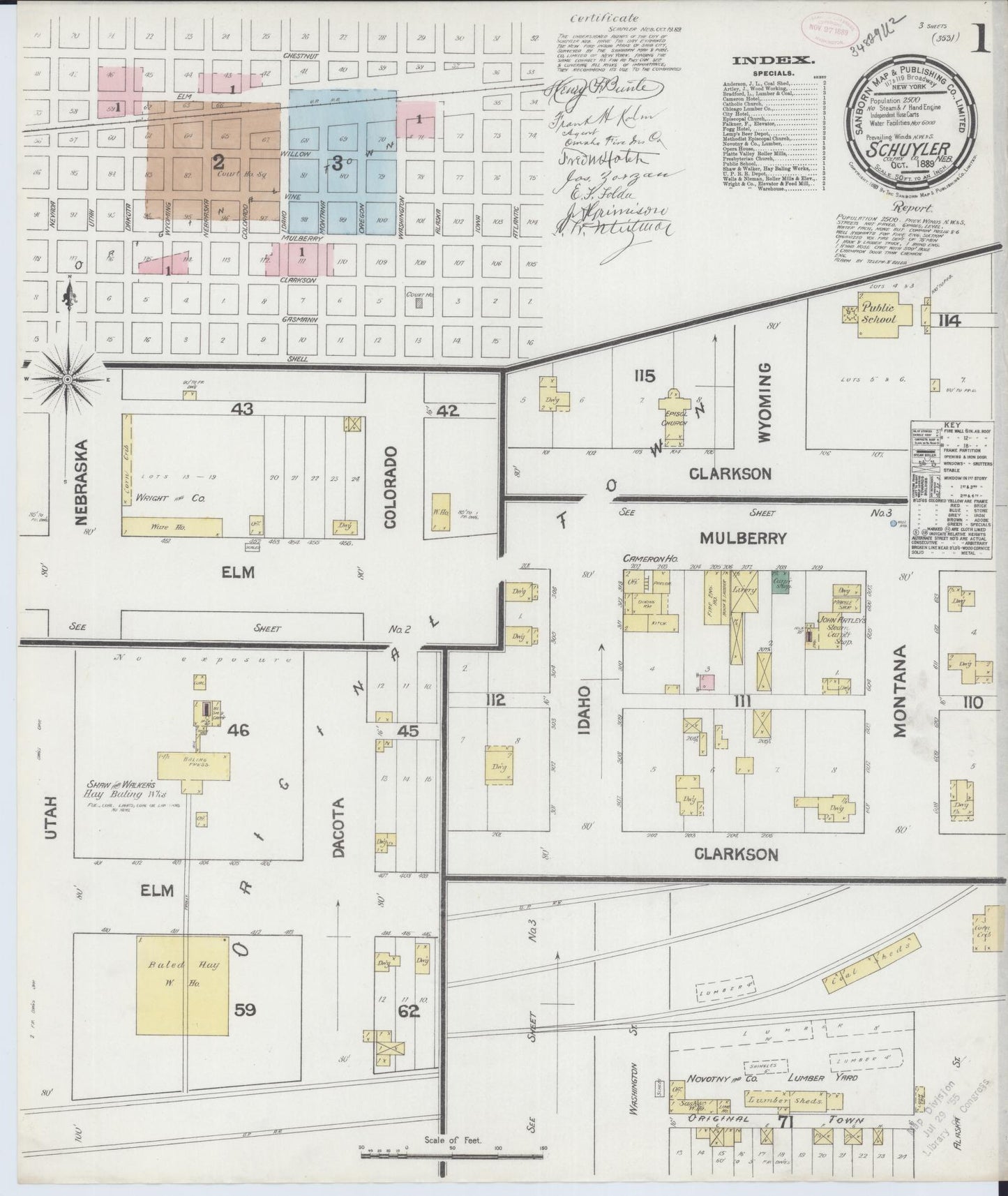 Sanborn Fire Insurance Map from Schuyler, Colfax County, Nebraska (1889), Sheet #0001 - Historic Sanborn Fire Insurance Map Print, vintage old map wall art, antique decor, genealogy gift, Nebraska Nebraska map
