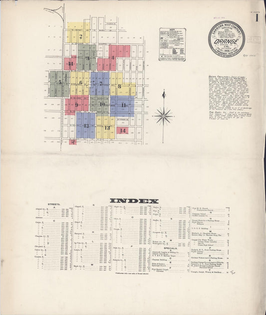 Sanborn Fire Insurance Map from Orange, Orange County, California (1909), Sheet #0001 - Complete Map Set gallery image, historic Sanborn map, vintage wall art, California California