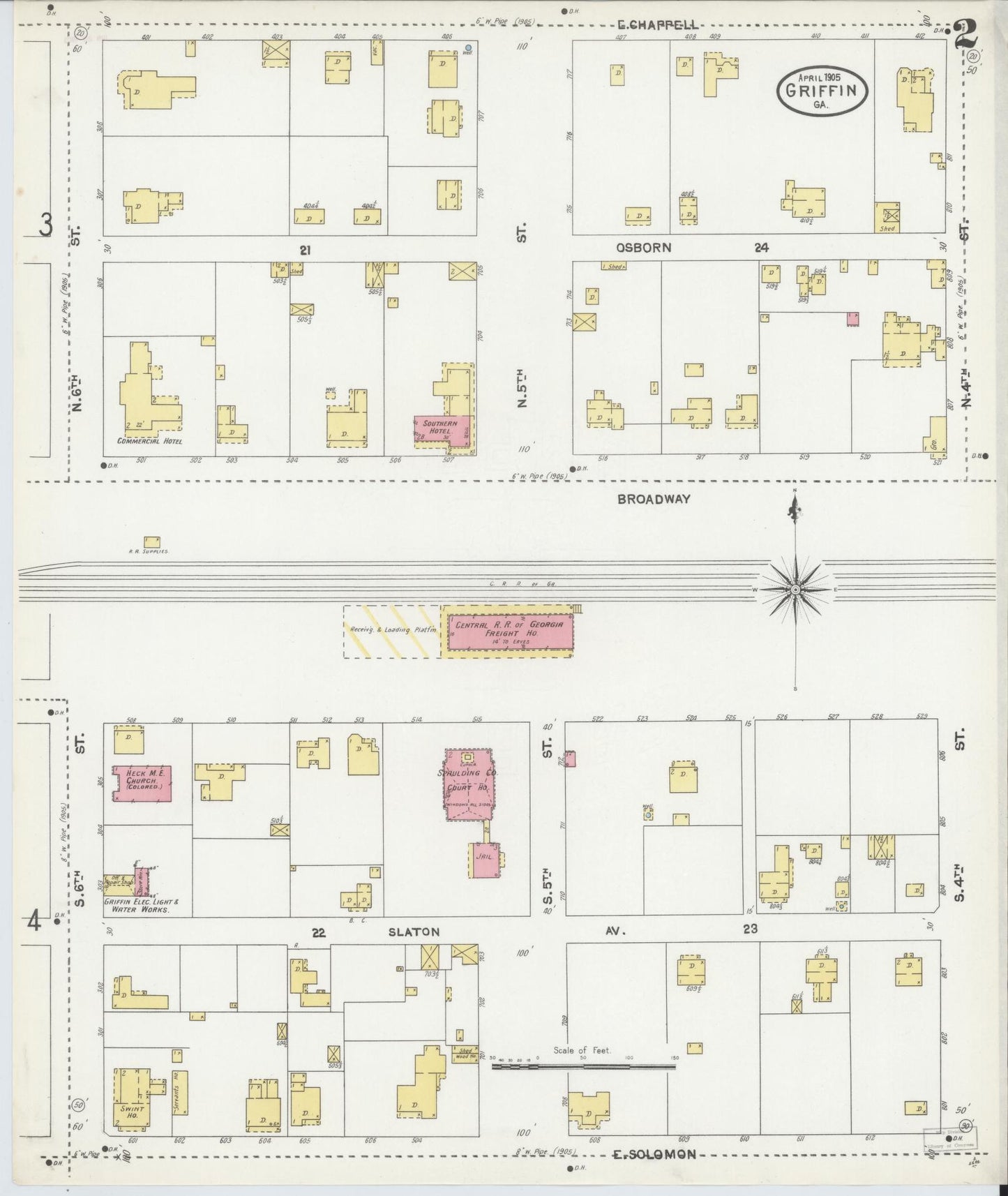Sanborn Fire Insurance Map from Griffin, Spalding County, Georgia (1905), Sheet #0002 - Complete Map Set gallery image, historic Sanborn map, vintage wall art, Georgia Georgia