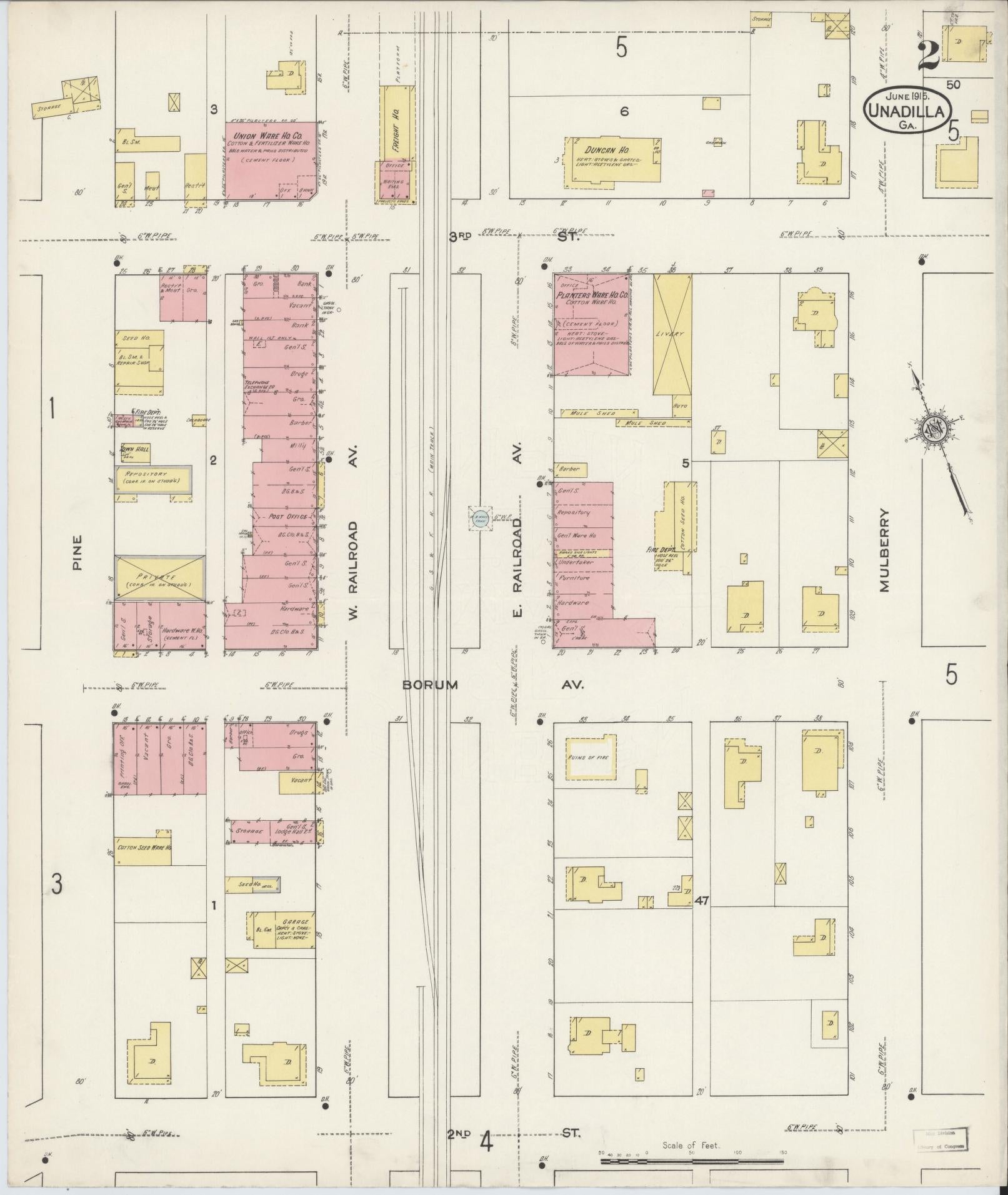 Sanborn Fire Insurance Map from Unadilla, Dooly County, Georgia (1915), Sheet #0002 - Complete Map Set gallery image, historic Sanborn map, vintage wall art, Georgia Georgia