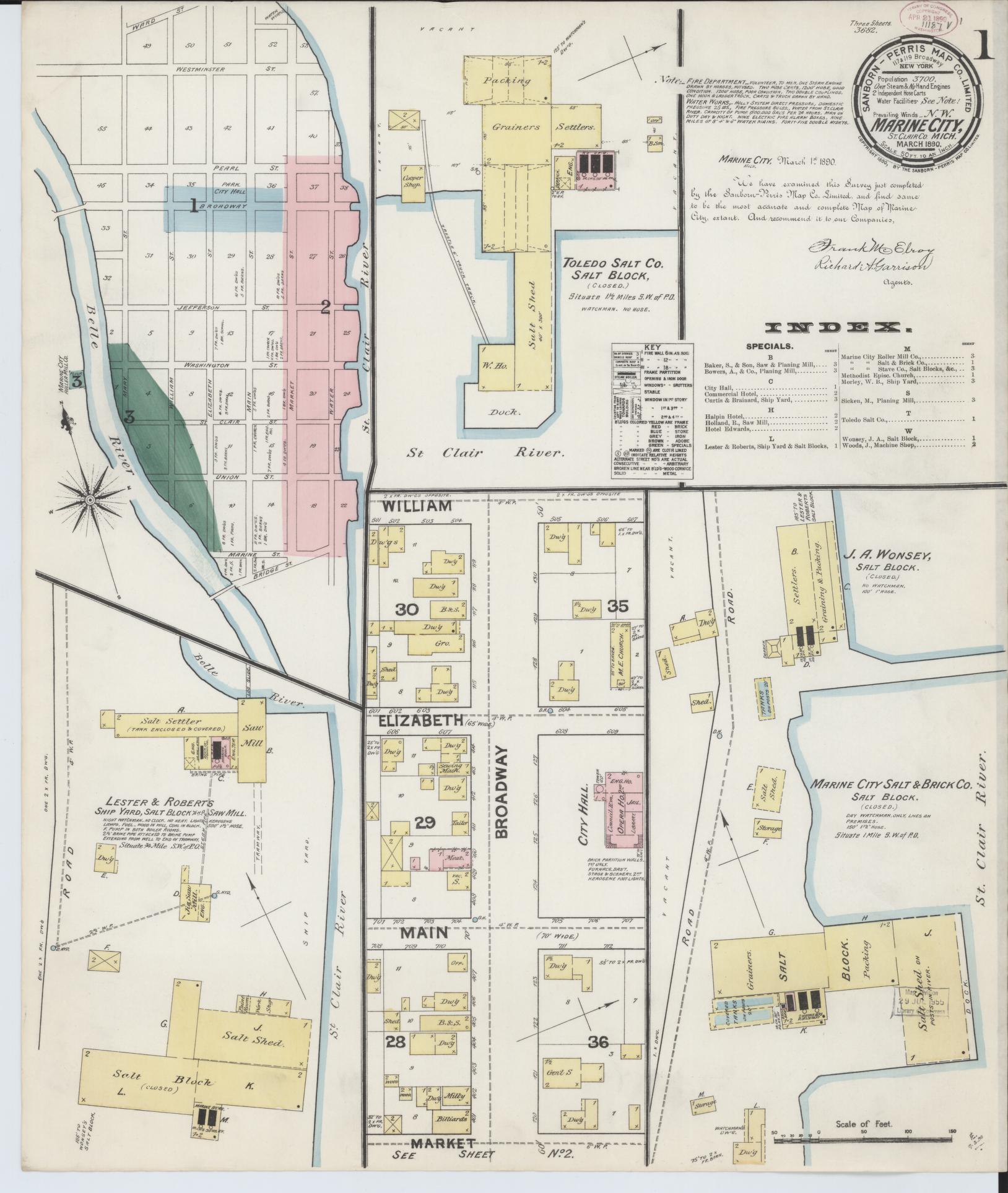 Sanborn Fire Insurance Map from Marine City, Saint Clair County, Michigan (1890), Sheet #0001 - Complete Map Set gallery image, historic Sanborn map, vintage wall art, Michigan Michigan