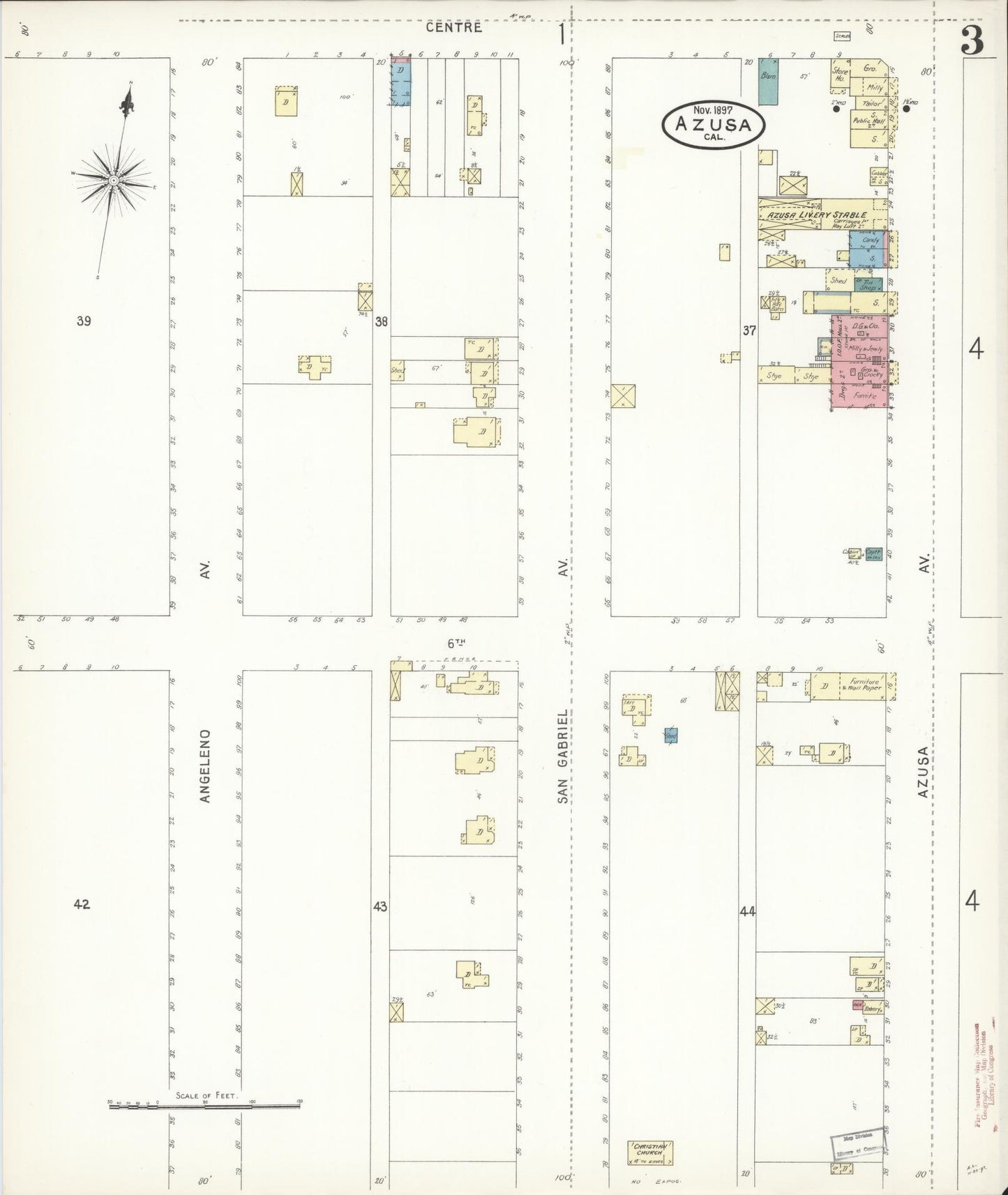 Sanborn Fire Insurance Map from Azusa, Los Angeles County, California (1897), Sheet #0003 - Historic Sanborn Fire Insurance Map Print, vintage old map wall art, antique decor, genealogy gift, California California map