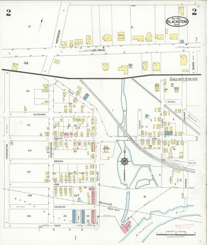 Sanborn Fire Insurance Map from Blackstone, Worcester County, Massachusetts (1923), Sheet #0002 - Historic Sanborn Fire Insurance Map Print, vintage old map wall art, antique decor, genealogy gift, Massachusetts Massachusetts map
