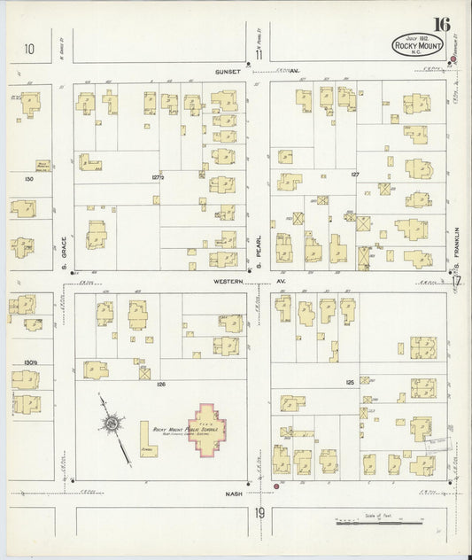 Sanborn Fire Insurance Map from Rocky Mount, Edgecombe And Nash Counties, North Carolina (1912), Sheet #0016 - Historic Sanborn Fire Insurance Map Print, vintage old map wall art, antique decor, genealogy gift, North Carolina North Carolina map