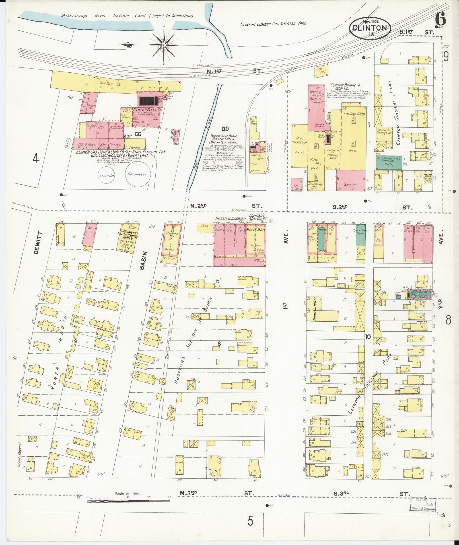Sanborn Fire Insurance Map from Clinton, Clinton County, Iowa (1902), Sheet #0006 - Historic Sanborn Fire Insurance Map Print, vintage old map wall art