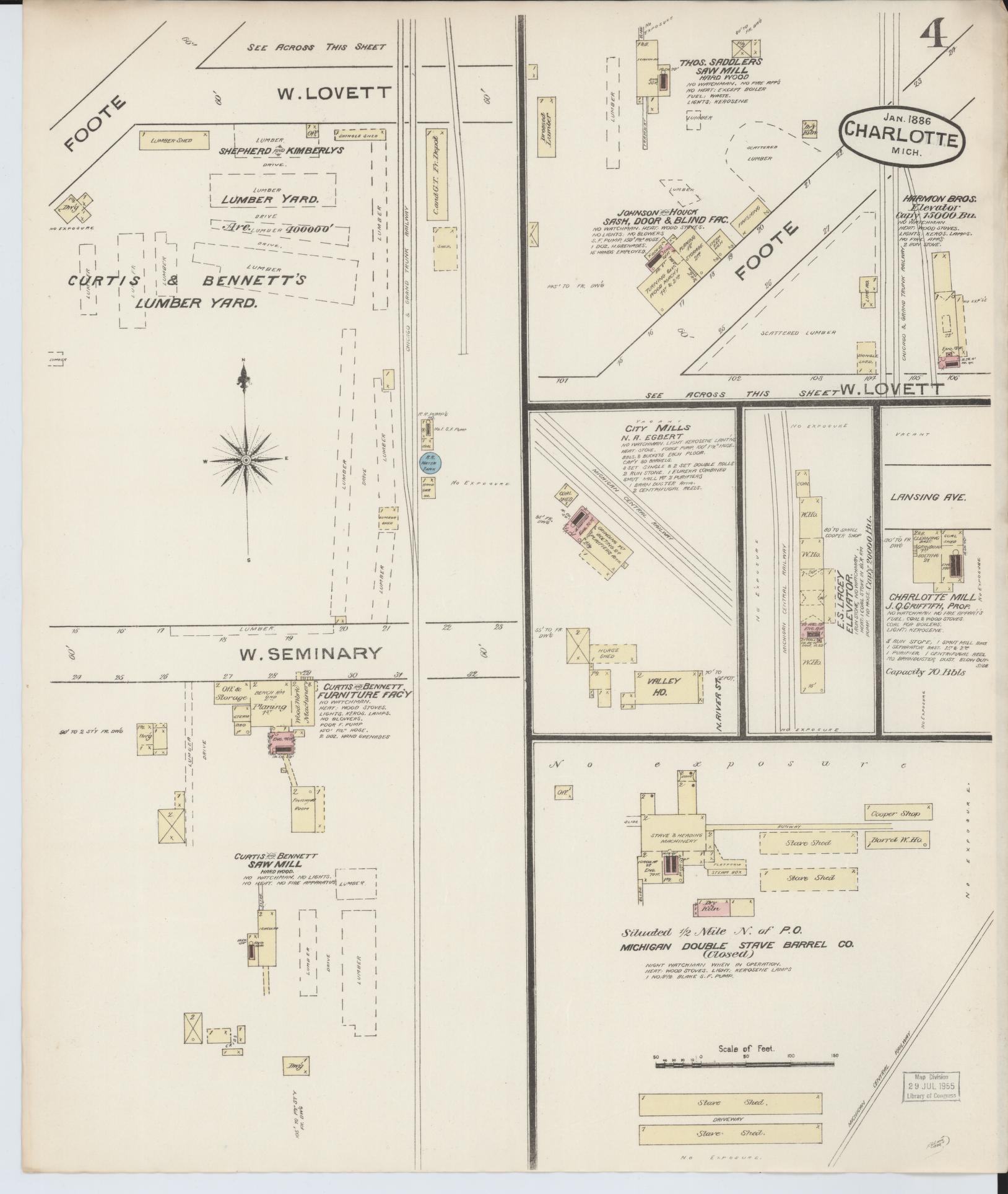 Sanborn Fire Insurance Map from Charlotte, Eaton County, Michigan (1886), Sheet #0004 - Complete Map Set gallery image, historic Sanborn map, vintage wall art, Michigan Michigan