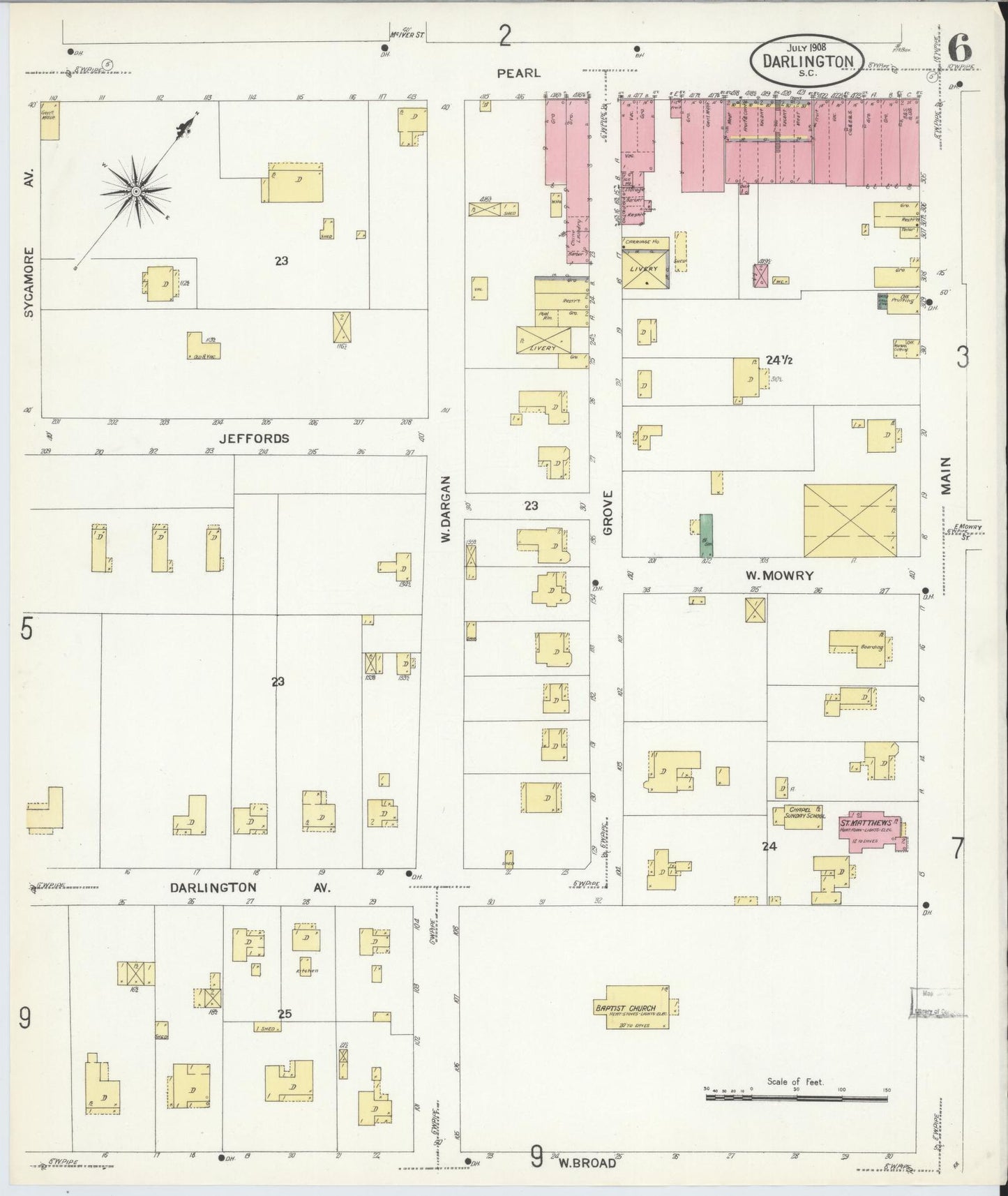 Sanborn Fire Insurance Map from Darlington, Darlington County, South Carolina (1908), Sheet #0006 - Complete Map Set gallery image, historic Sanborn map, vintage wall art, South Carolina South Carolina