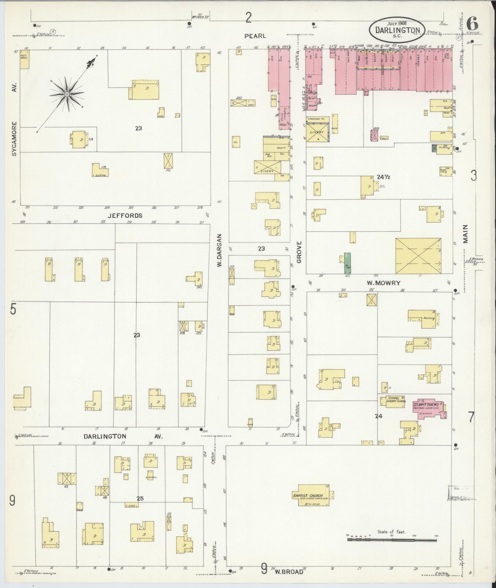 Sanborn Fire Insurance Map from Darlington, Darlington County, South Carolina (1908), Sheet #0006 - Complete Map Set gallery image, historic Sanborn map, vintage wall art, South Carolina South Carolina