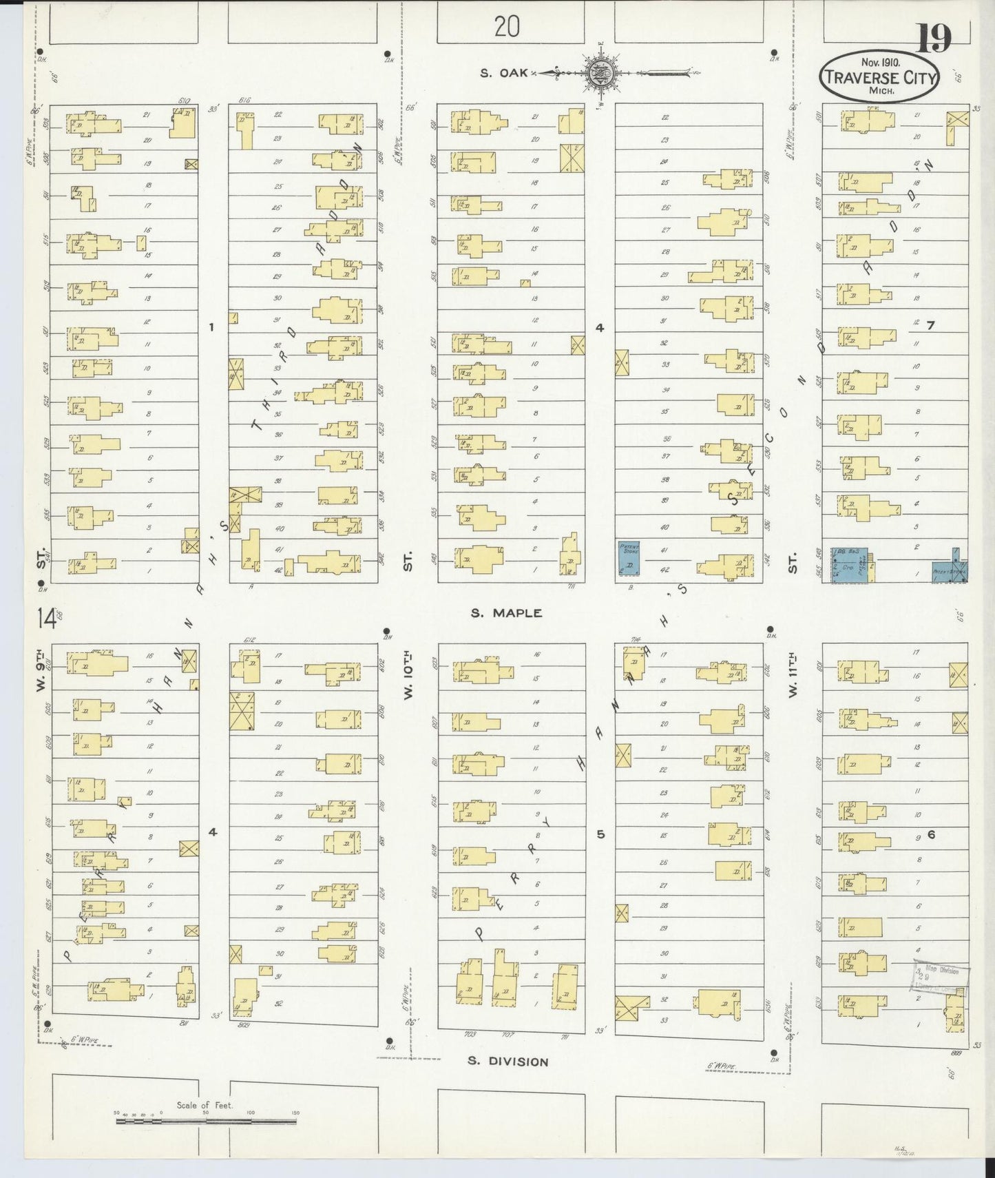 Sanborn Fire Insurance Map from Traverse City, Grand Traverse County, Michigan (1910), Sheet #0019 - Complete Map Set gallery image, historic Sanborn map, vintage wall art, Michigan Michigan