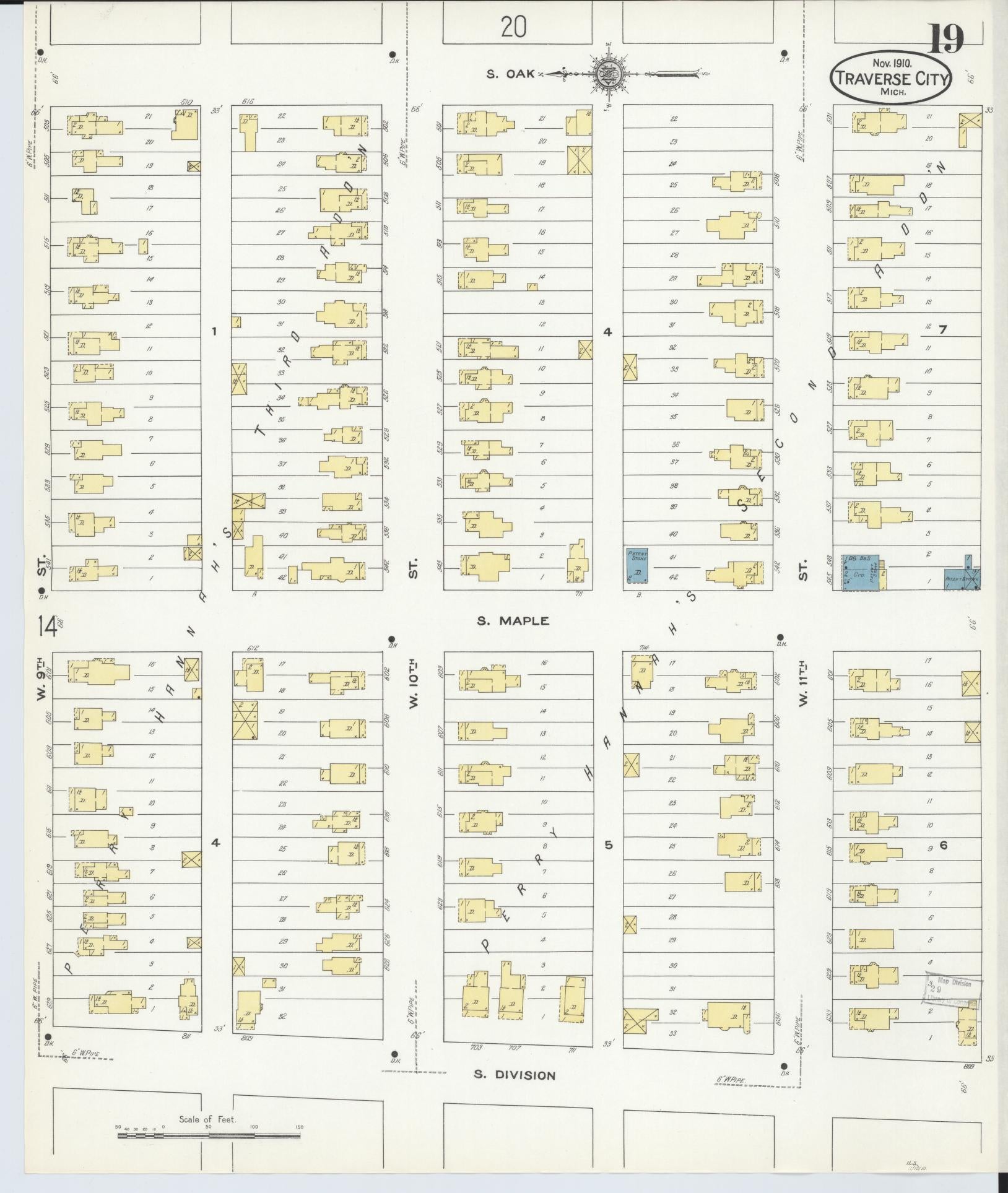 Sanborn Fire Insurance Map from Traverse City, Grand Traverse County, Michigan (1910), Sheet #0019 - Complete Map Set gallery image, historic Sanborn map, vintage wall art, Michigan Michigan