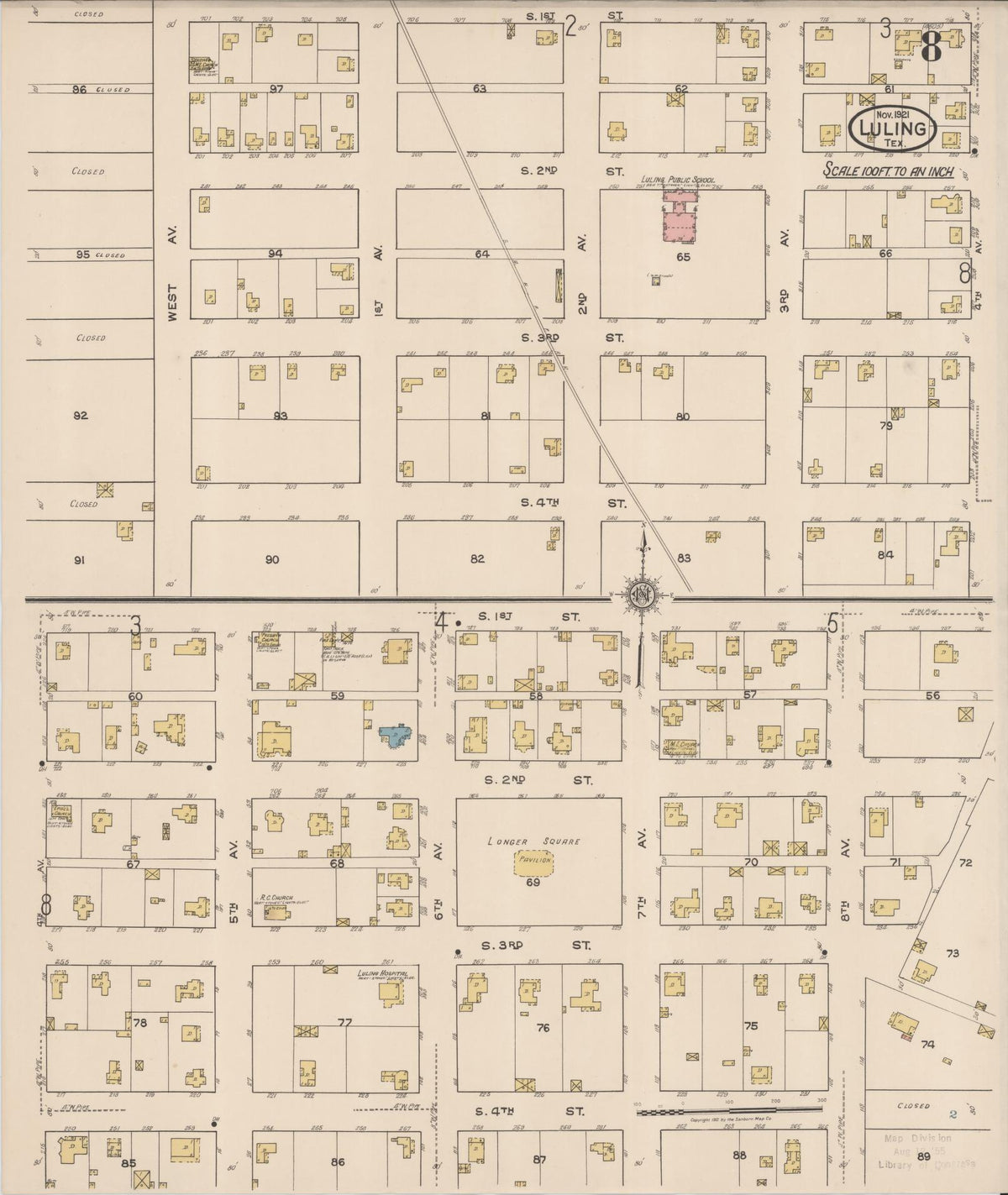 Sanborn Fire Insurance Map from Luling, Caldwell County, Texas (1921), Sheet #0008 - Complete Map Set gallery image, historic Sanborn map, vintage wall art, Texas Texas