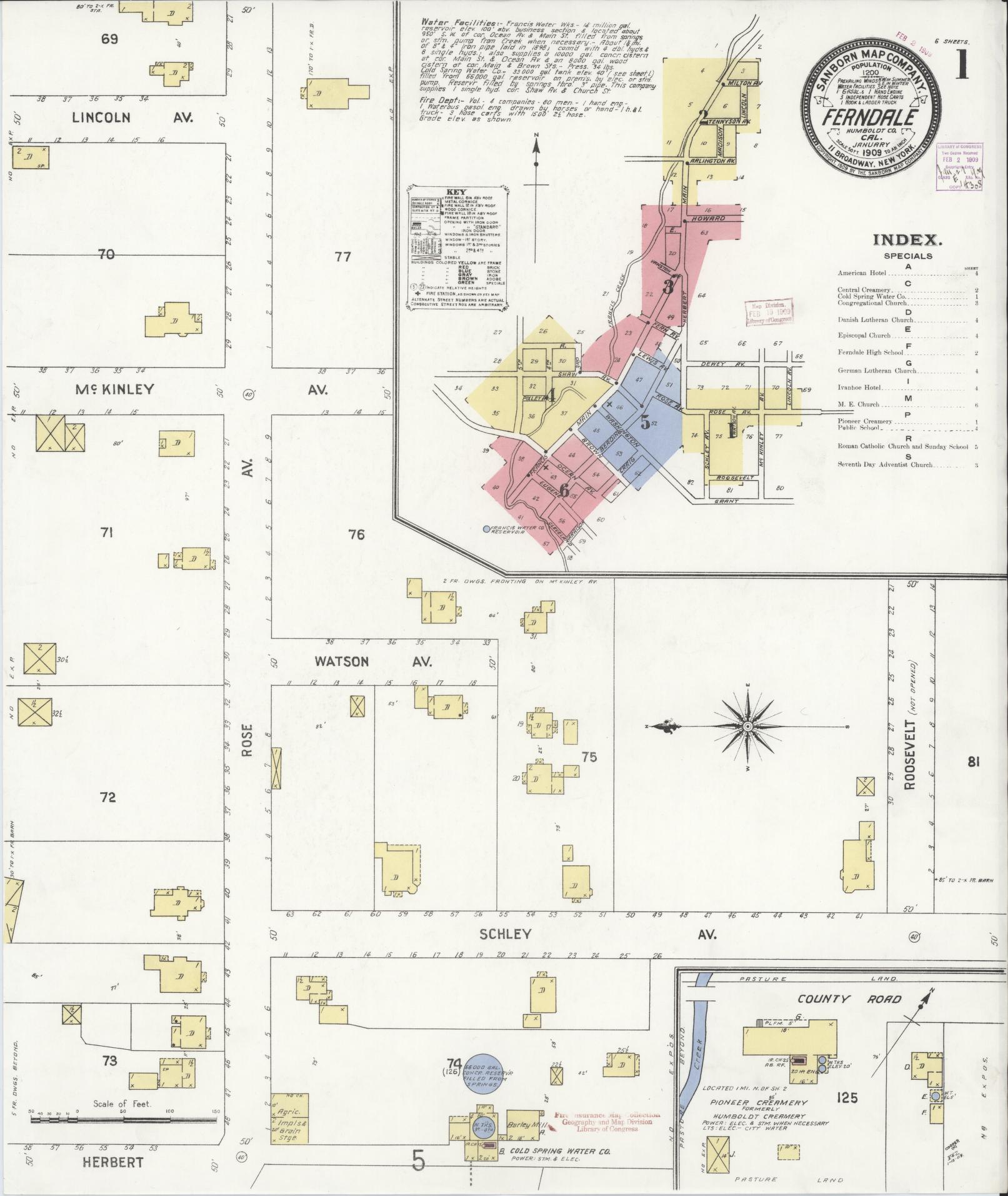 Sanborn Fire Insurance Map from Ferndale, Humboldt County, California (1909), Sheet #0001 - Complete Map Set gallery image, historic Sanborn map, vintage wall art, California California
