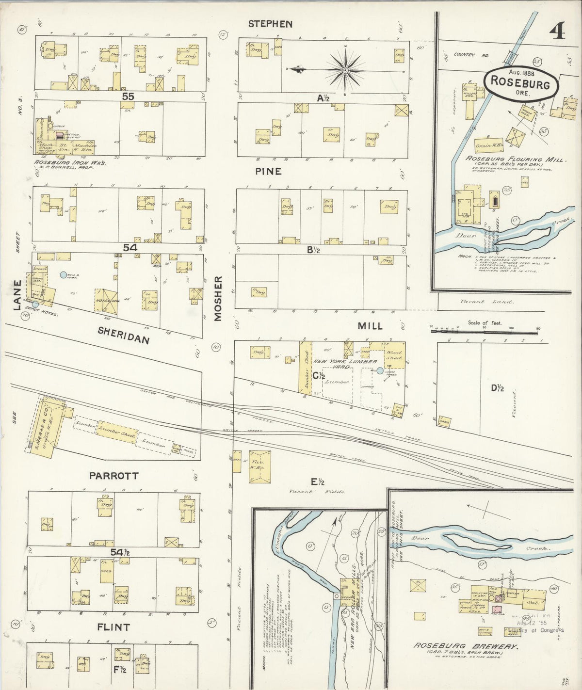 Sanborn Fire Insurance Map from Roseburg, Douglas County, Oregon (1888), Sheet #0004 - Historic Sanborn Fire Insurance Map Print, vintage old map wall art, antique decor, genealogy gift, Oregon Oregon map