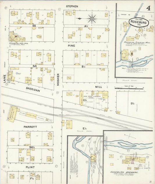 Sanborn Fire Insurance Map from Roseburg, Douglas County, Oregon (1888), Sheet #0004 - Historic Sanborn Fire Insurance Map Print, vintage old map wall art, antique decor, genealogy gift, Oregon Oregon map