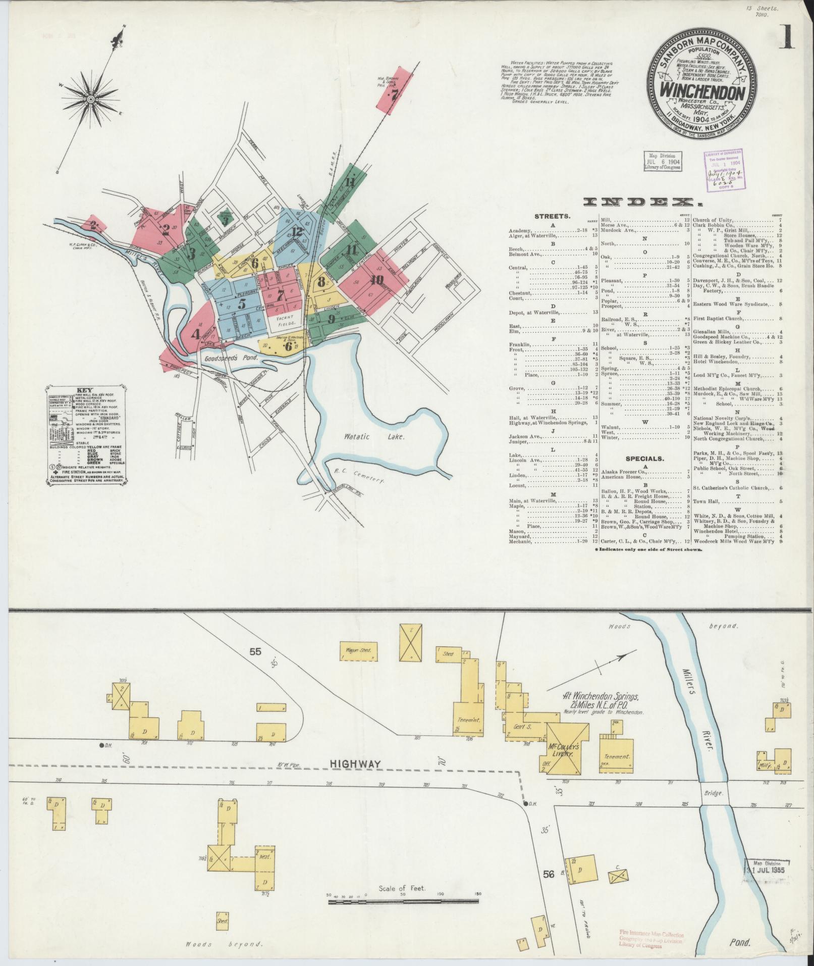 Sanborn Fire Insurance Map from Winchendon, Worcester County, Massachusetts (1904), Sheet #0001 - Historic Sanborn Fire Insurance Map Print, vintage old map wall art, antique decor, genealogy gift, Massachusetts Massachusetts map