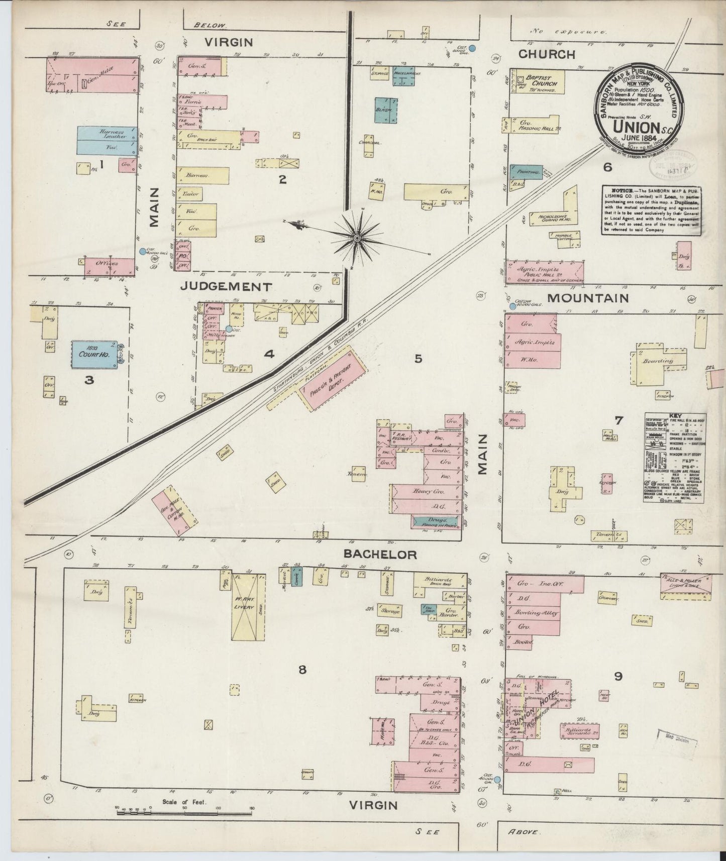 Sanborn Fire Insurance Map from Union, Union County, South Carolina (1884), Sheet #0001 - Historic Sanborn Fire Insurance Map Print, vintage old map wall art, antique decor, genealogy gift, South Carolina South Carolina map